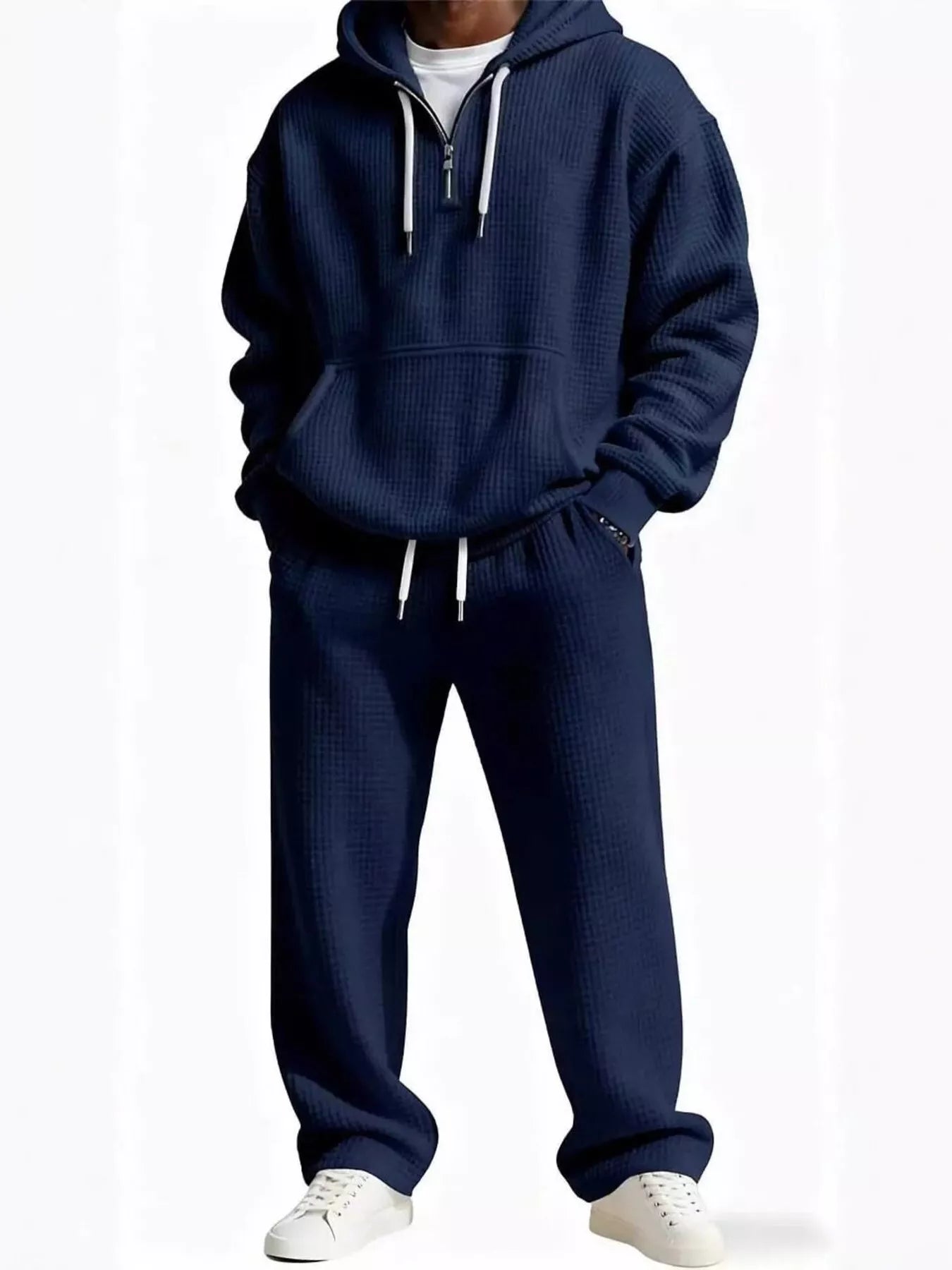 Navy blue men's full size casual waffle knit co-ord set with drawstring hood and convenient pockets.