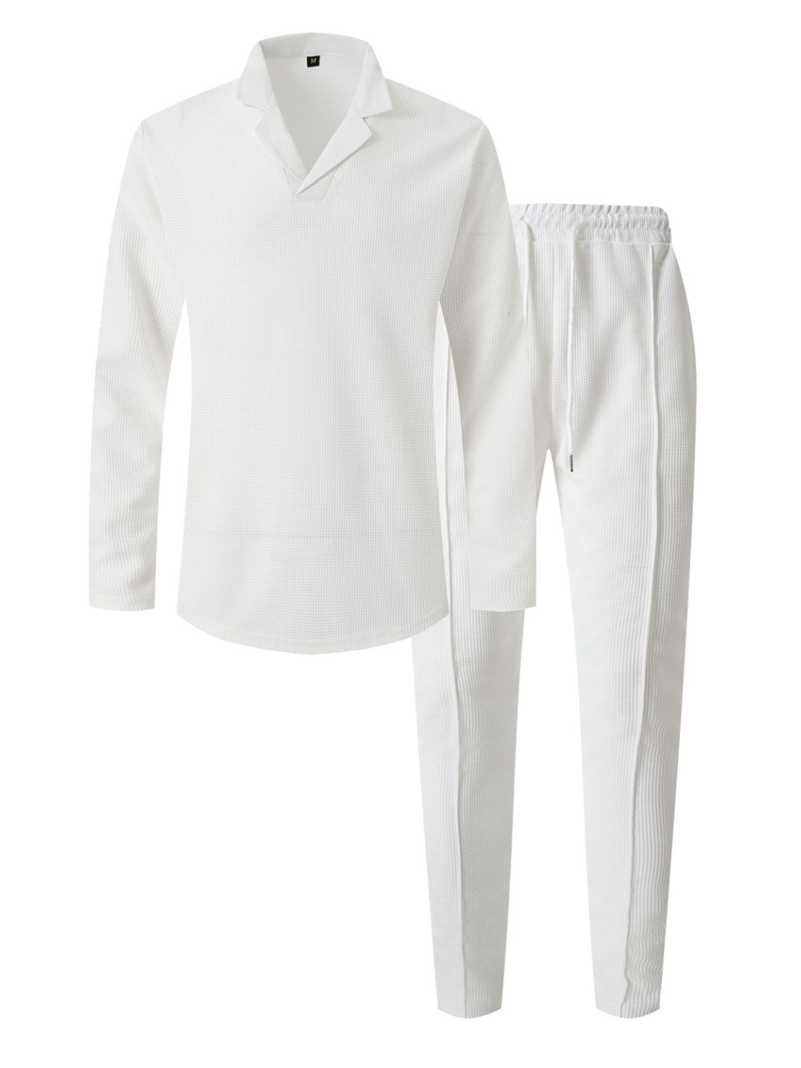 Introducing our Men's Waffle-Knit Long Sleeve Top and Pants Set in white - Cruisin Essentials wardrobe! Made with iron-free polyester, this set guarantees comfort and style with its elastic waist and crease lined design. Available in various sizes and colors for both casual and dressy occasions. Get yours now!