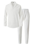 Introducing our Men's Waffle-Knit Long Sleeve Top and Pants Set in white - Cruisin Essentials wardrobe! Made with iron-free polyester, this set guarantees comfort and style with its elastic waist and crease lined design. Available in various sizes and colors for both casual and dressy occasions. Get yours now!