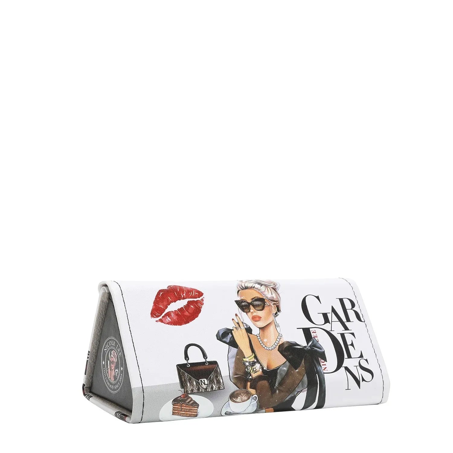 Triangular clutch bag with a graphic design of a woman and red lips on a white background