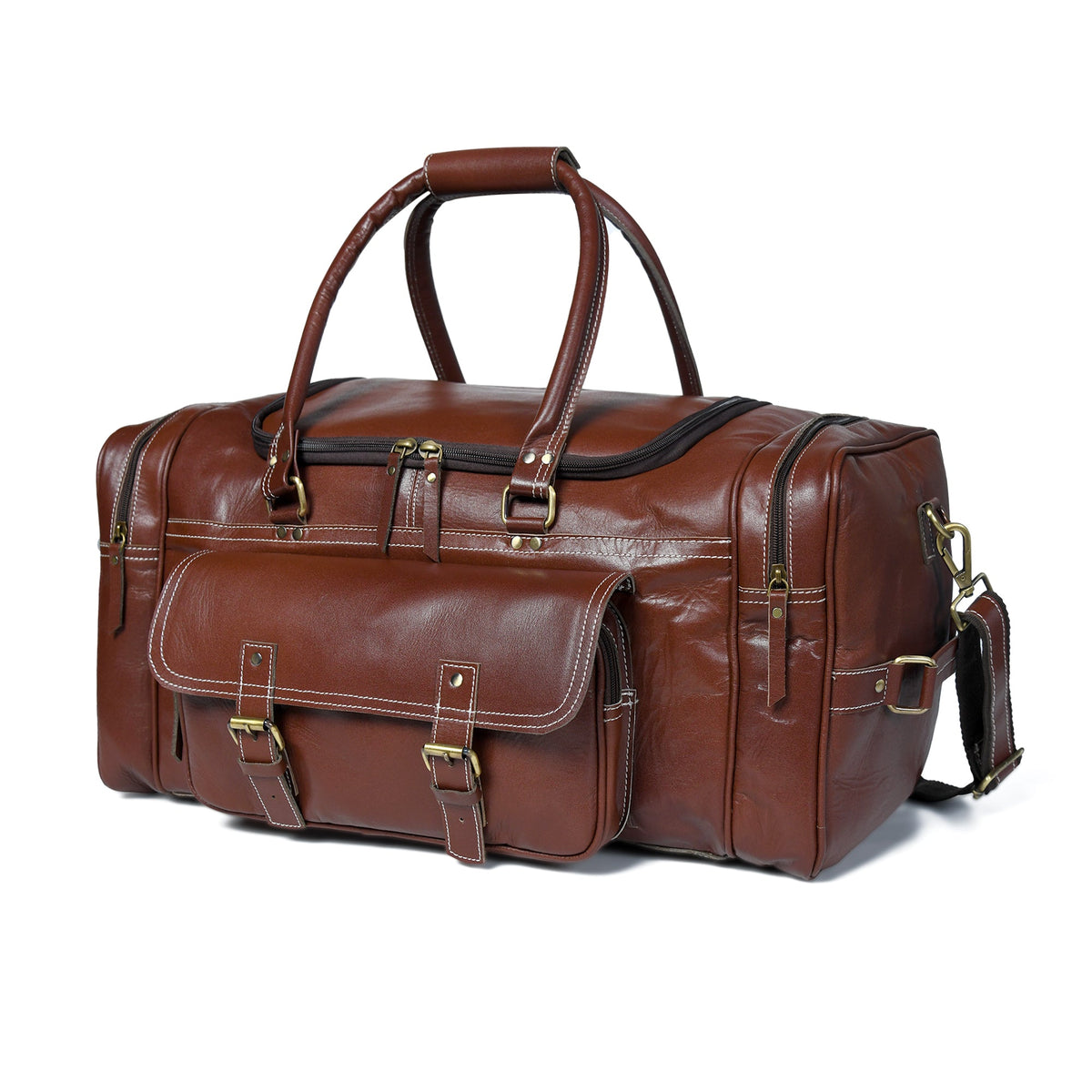 Brown leather duffel bag with gold hardware on a white background