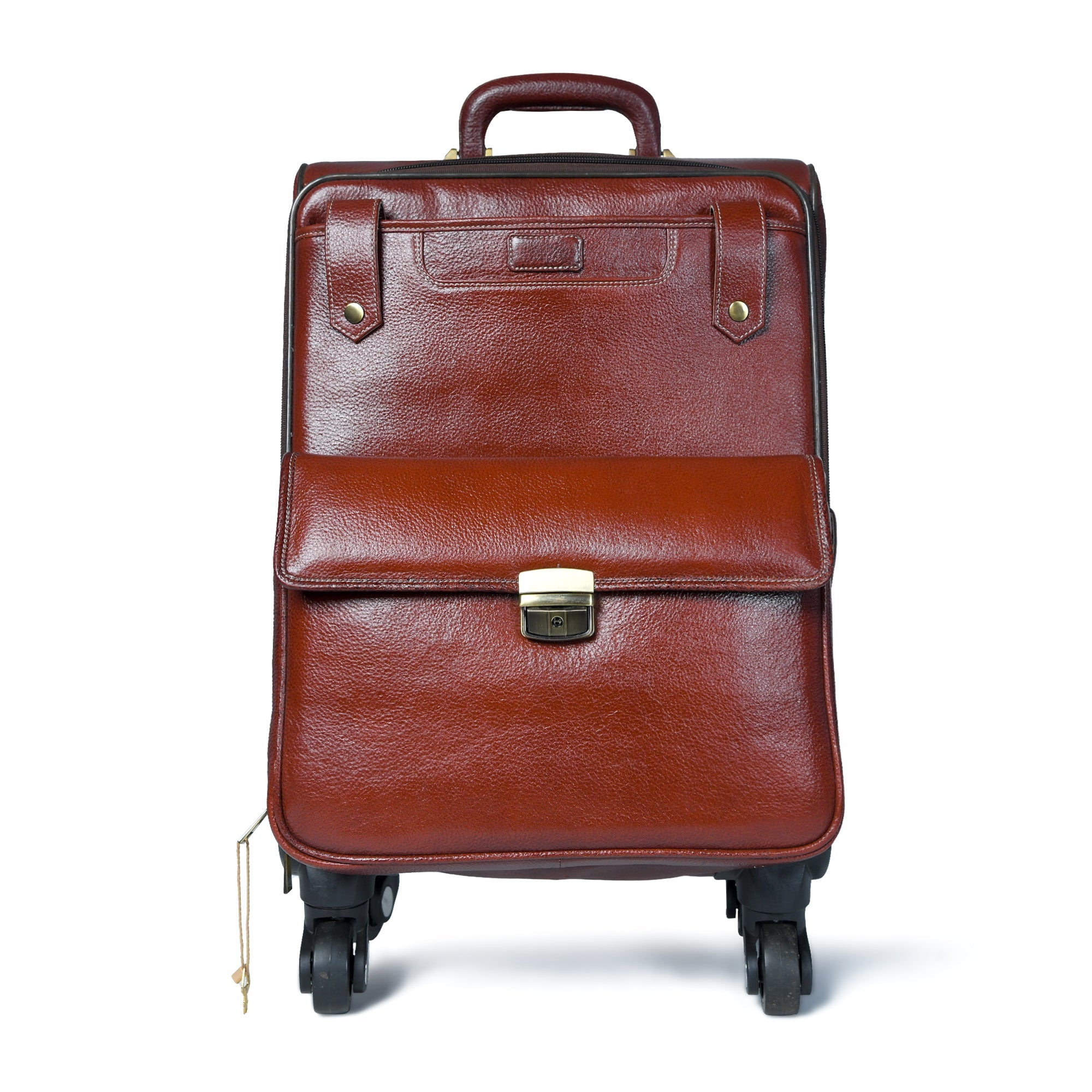 Brown leather suitcase with wheels on a white background