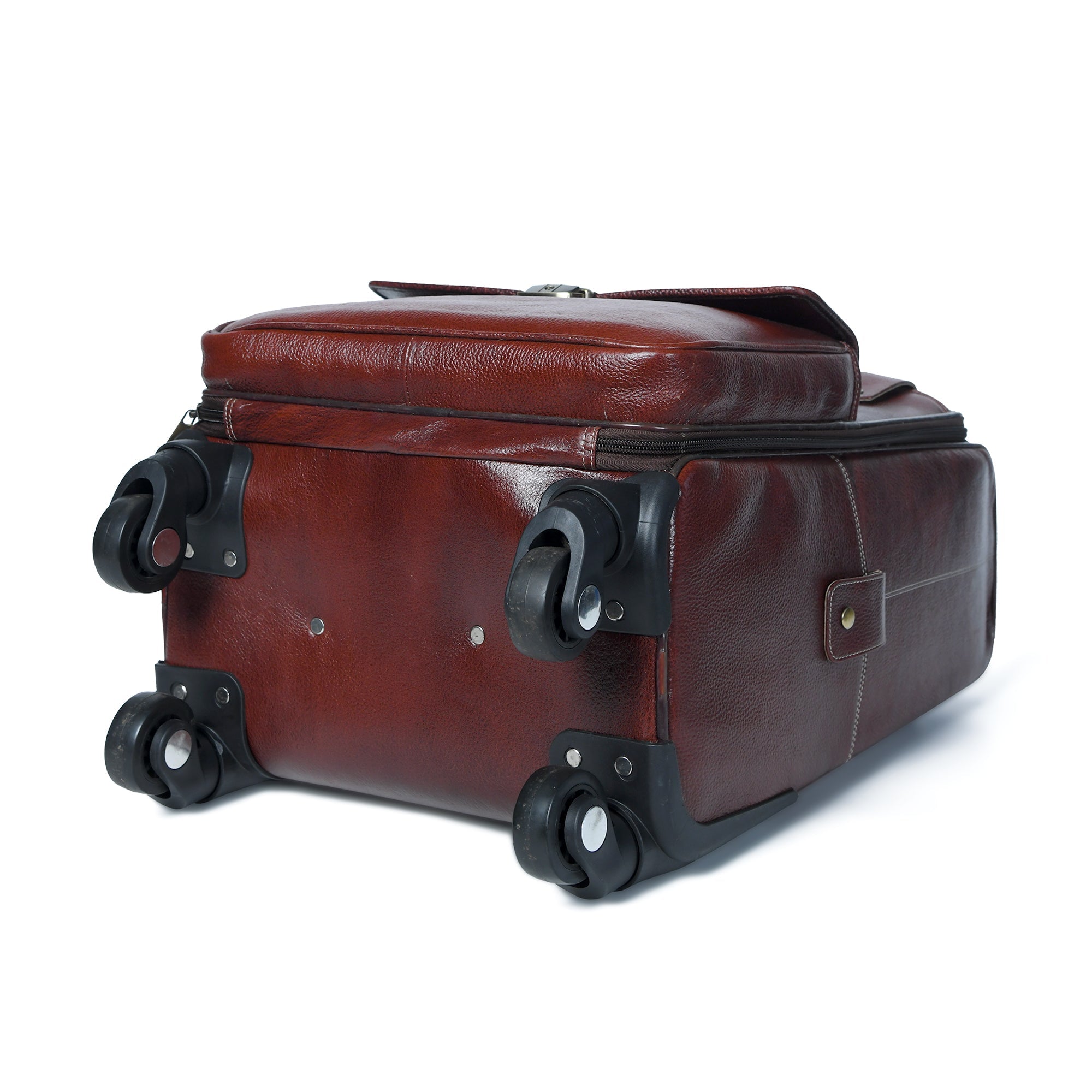 Brown suitcase with wheels on a white background