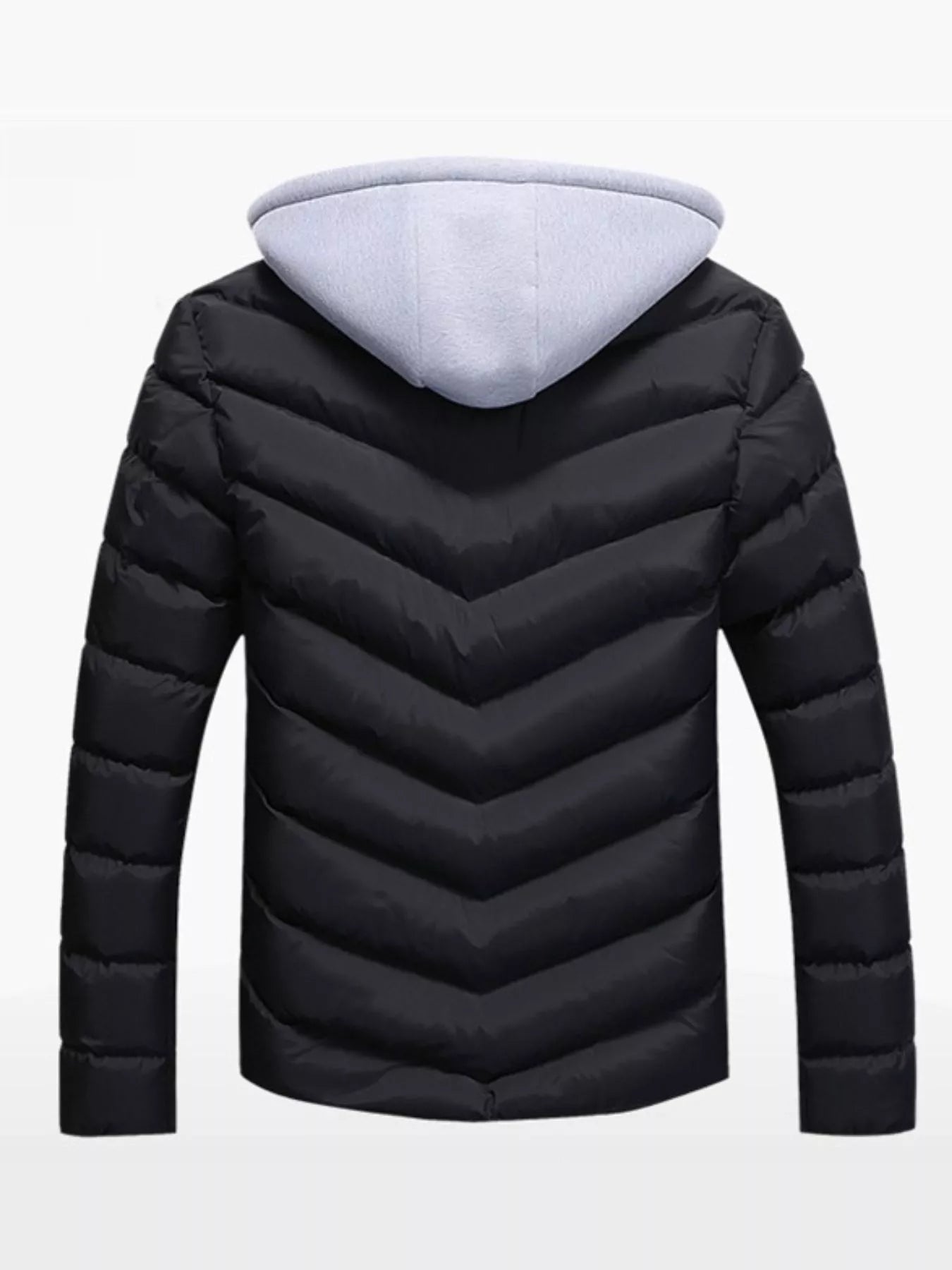 Black puffer jacket with a gray hood on a white background