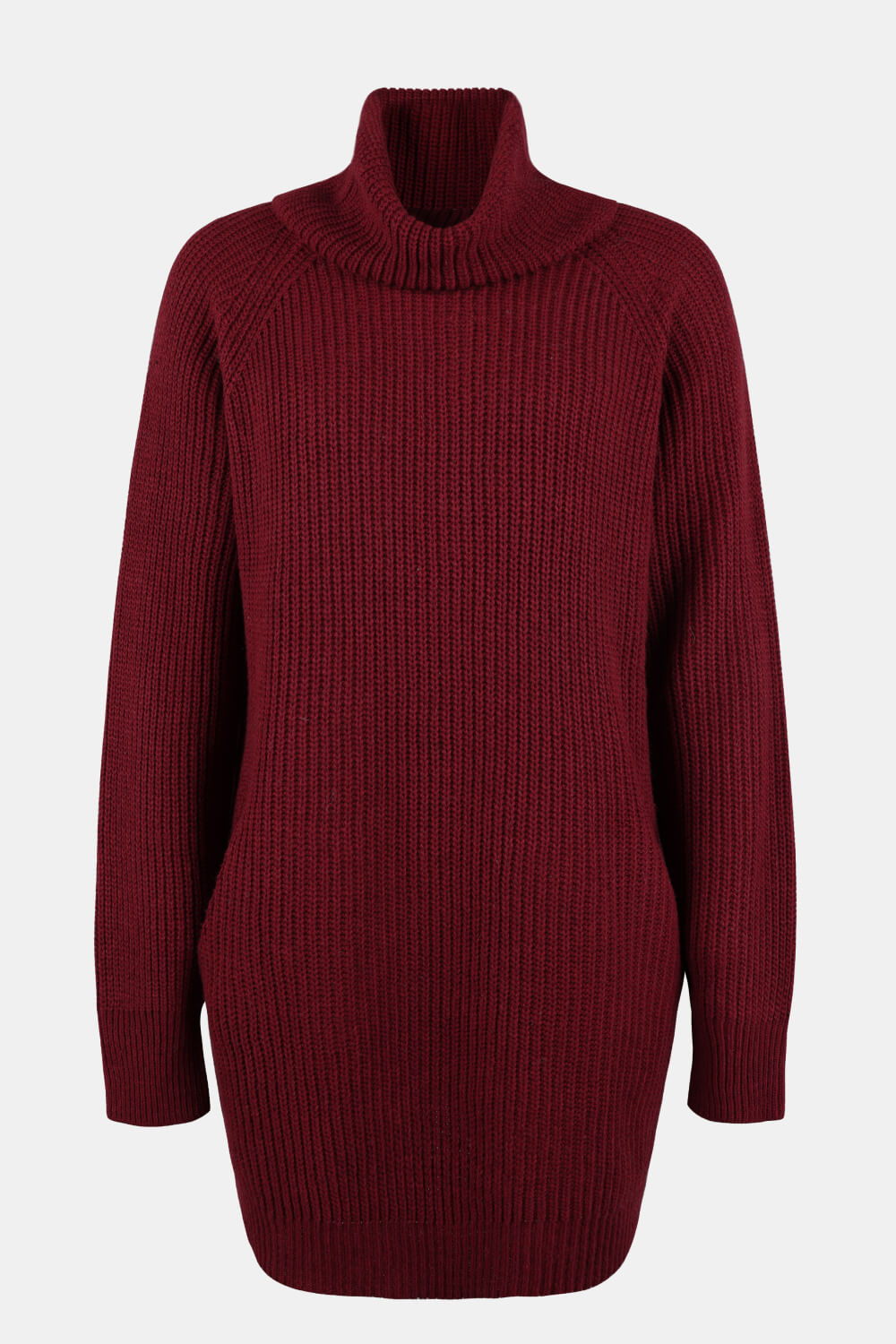 Wine turtleneck sweater dress with pockets and long sleeves.