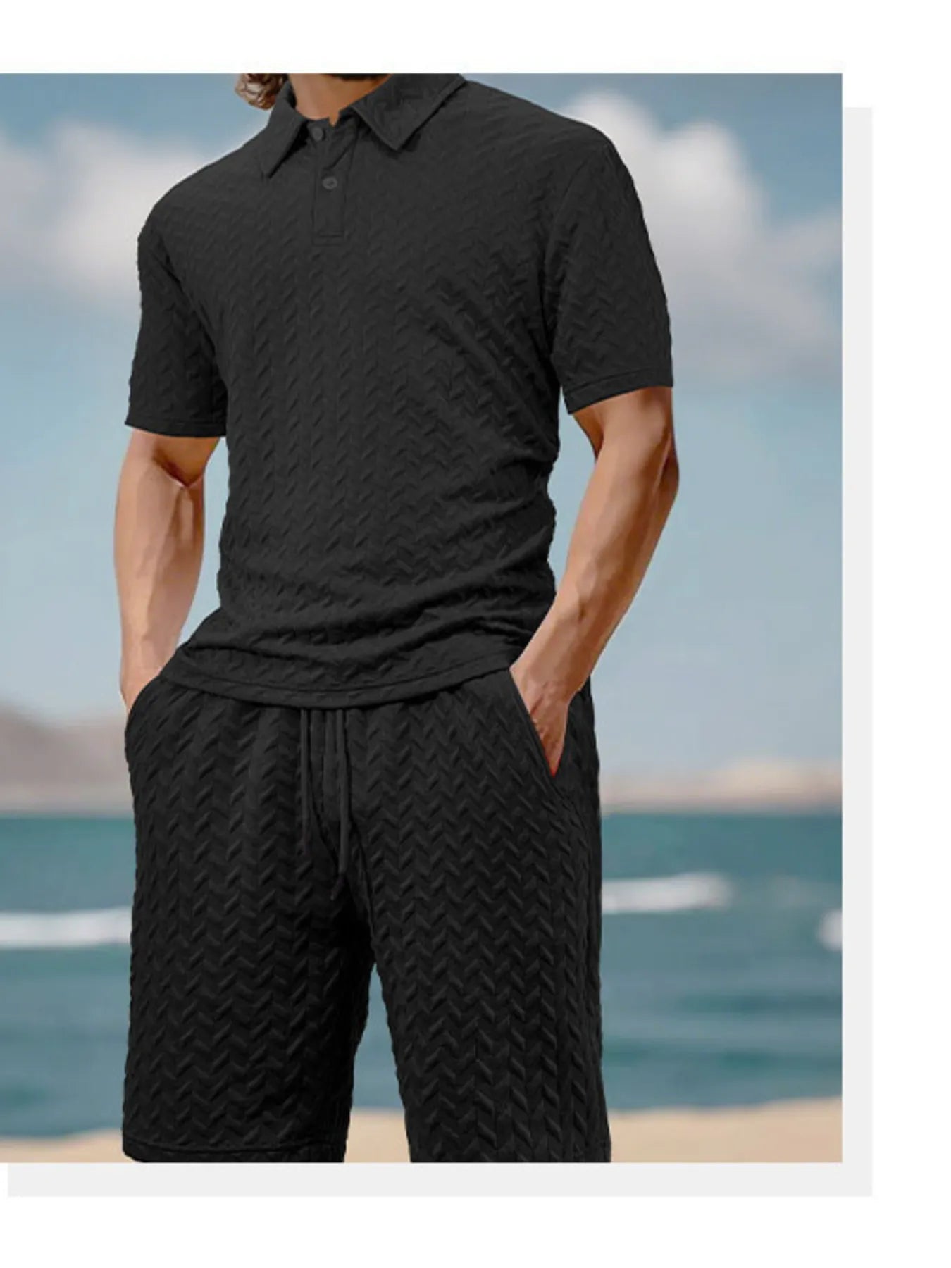 Men's premium two-piece resort set featuring a short-sleeve textured knit polo shirt and matching casual drawstring shorts in classic black.