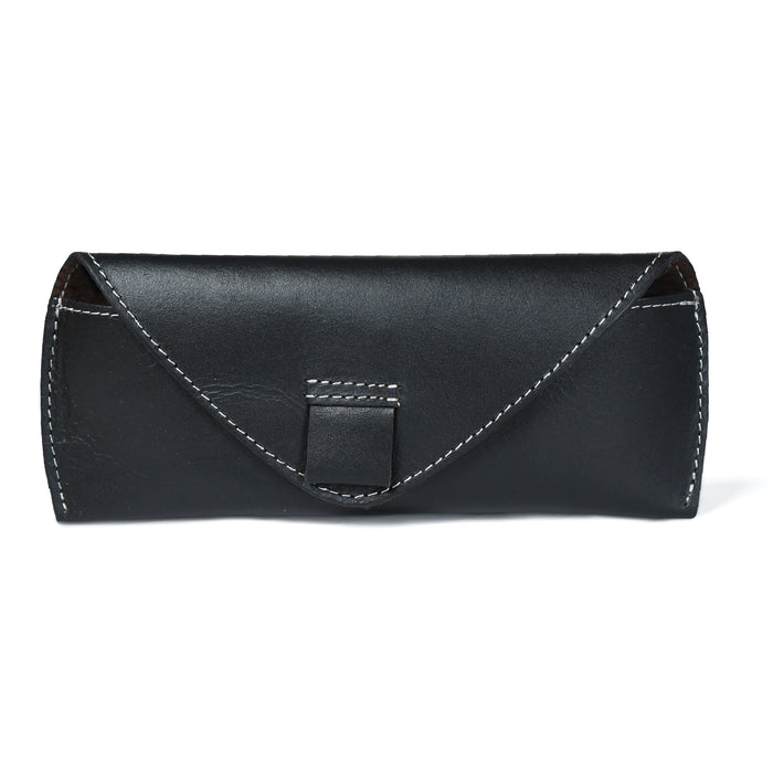 Black leather clutch bag on a white background
