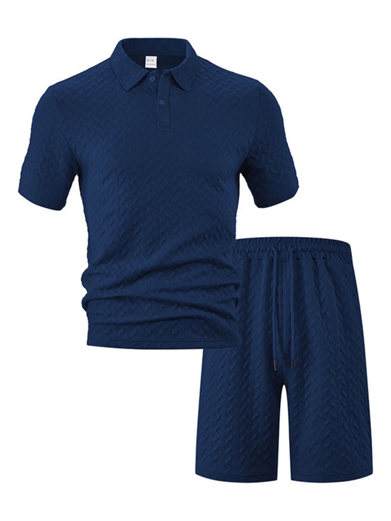 Luxury men's matching travel lounge set crafted in a deep navy blue textured dimensional knit.