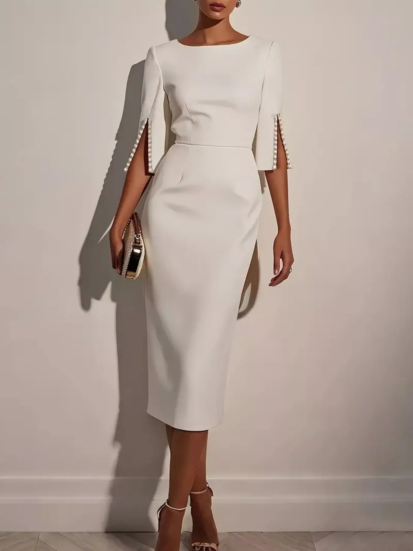 Elegant White Midi Dress with Beaded Slit Sleeves