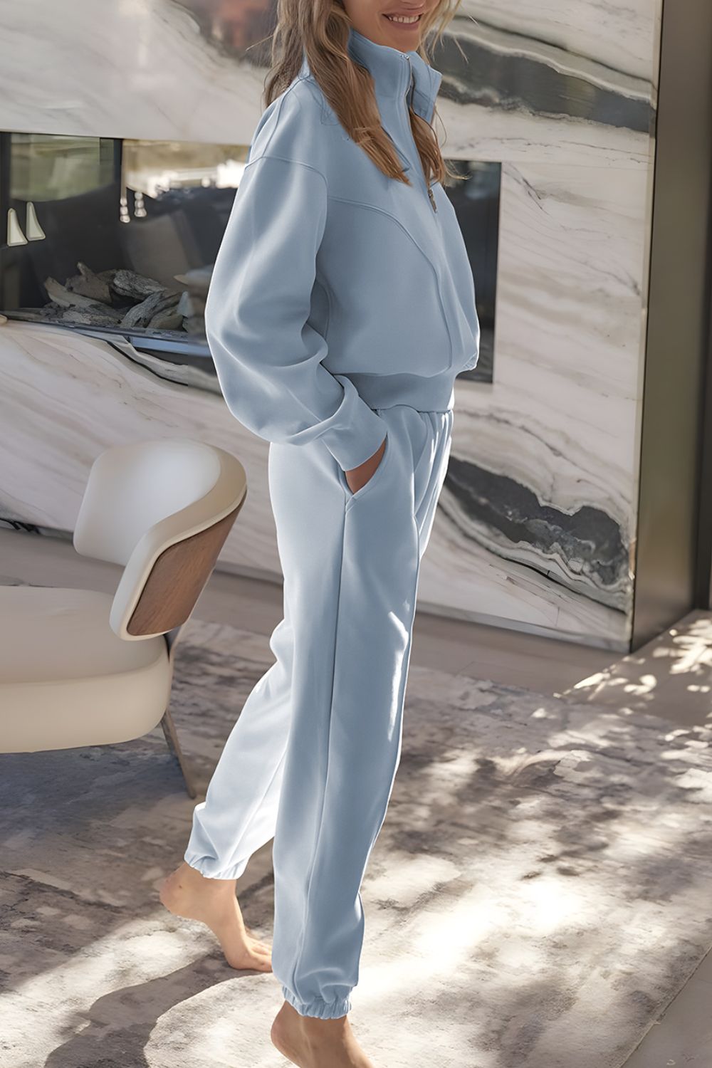 Elevate your activewear comfortably with our Cruisin Essentials Top and Joggers Set. The half-zip long-sleeve top offers both warmth and breathability, while the relaxed fit joggers allow for easy movement. Stay effortlessly comfortable and stylish during any outing with this set.