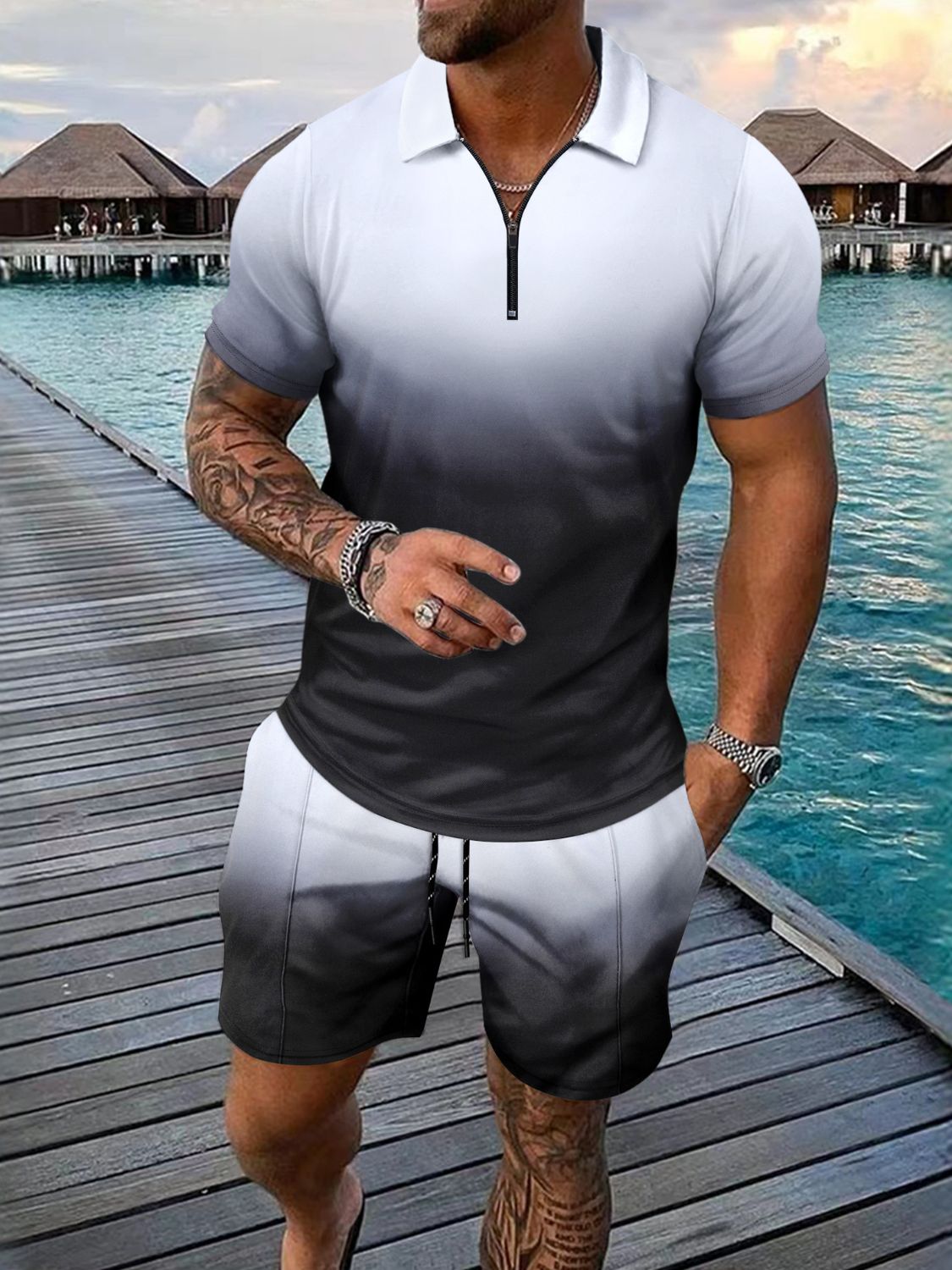 Unleash your style with our Men's Full Size Gradient Collared Neck Top and Shorts Set Plus Size. This stylish set features a gradient design, collared neckline, and plus size fit for ultimate comfort. Perfect for any occasion, from a casual day out to a special event, our set is sure to make a statement and leave a lasting impression. Upgrade your wardrobe today with our Men's Full Size Gradient Collared Neck Top and Shorts Set Plus Size.