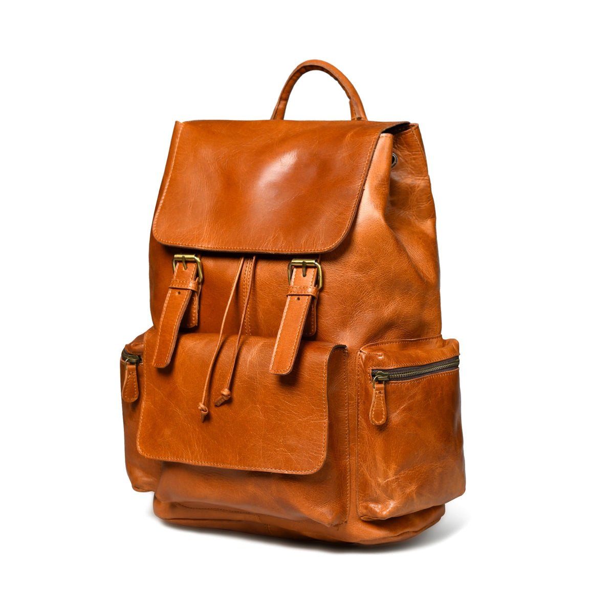 Brown leather backpack on a white background