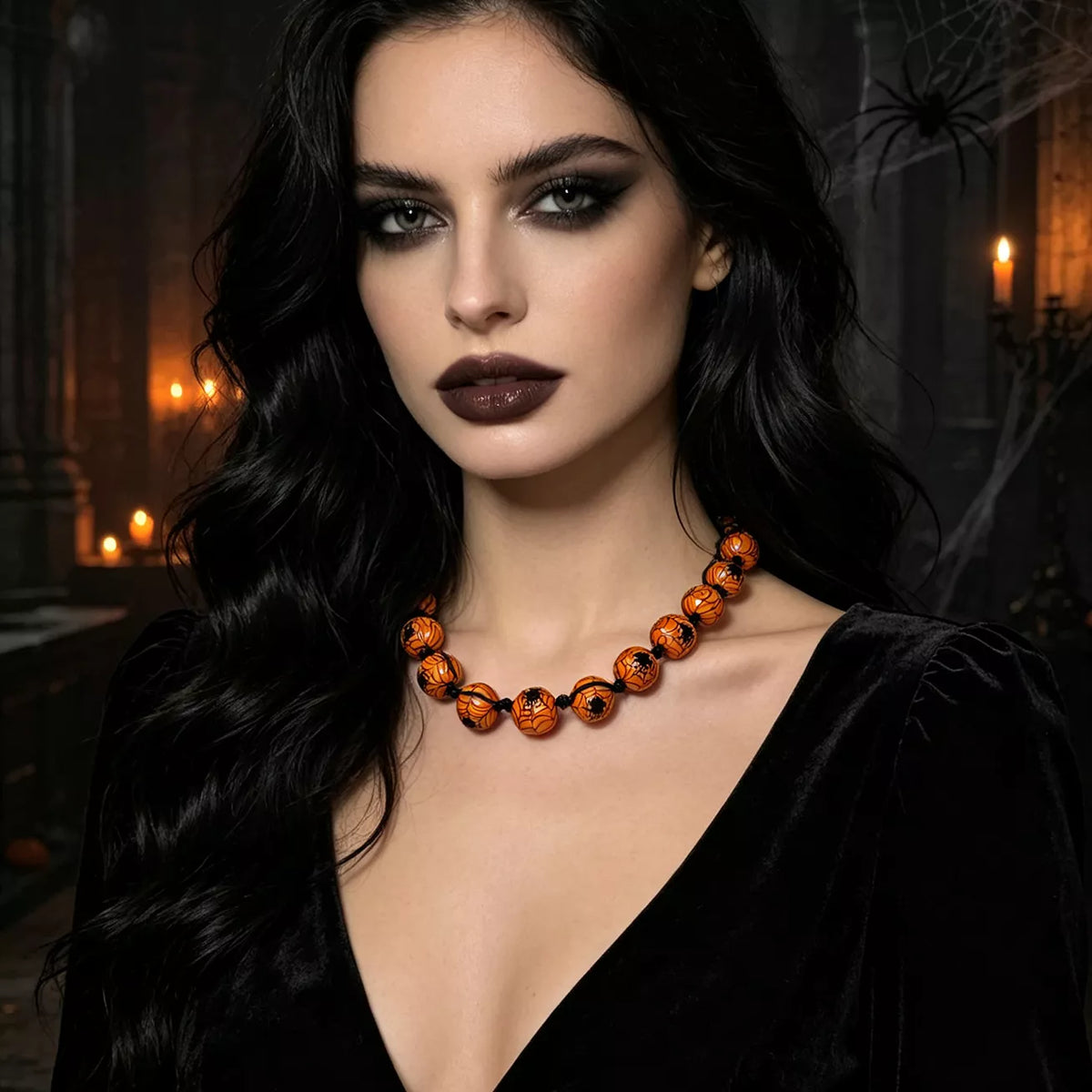 A woman with long dark wavy hair and dramatic dark eye makeup wears a chunky beaded necklace made of orange and black marbled beads, posed against a dark gothic background with candles and cobwebs.