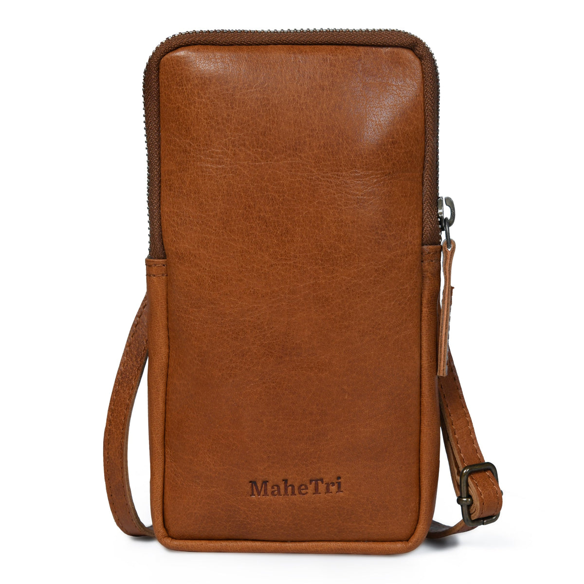 Brown leather crossbody bag with 'MaheTri' branding on a white background