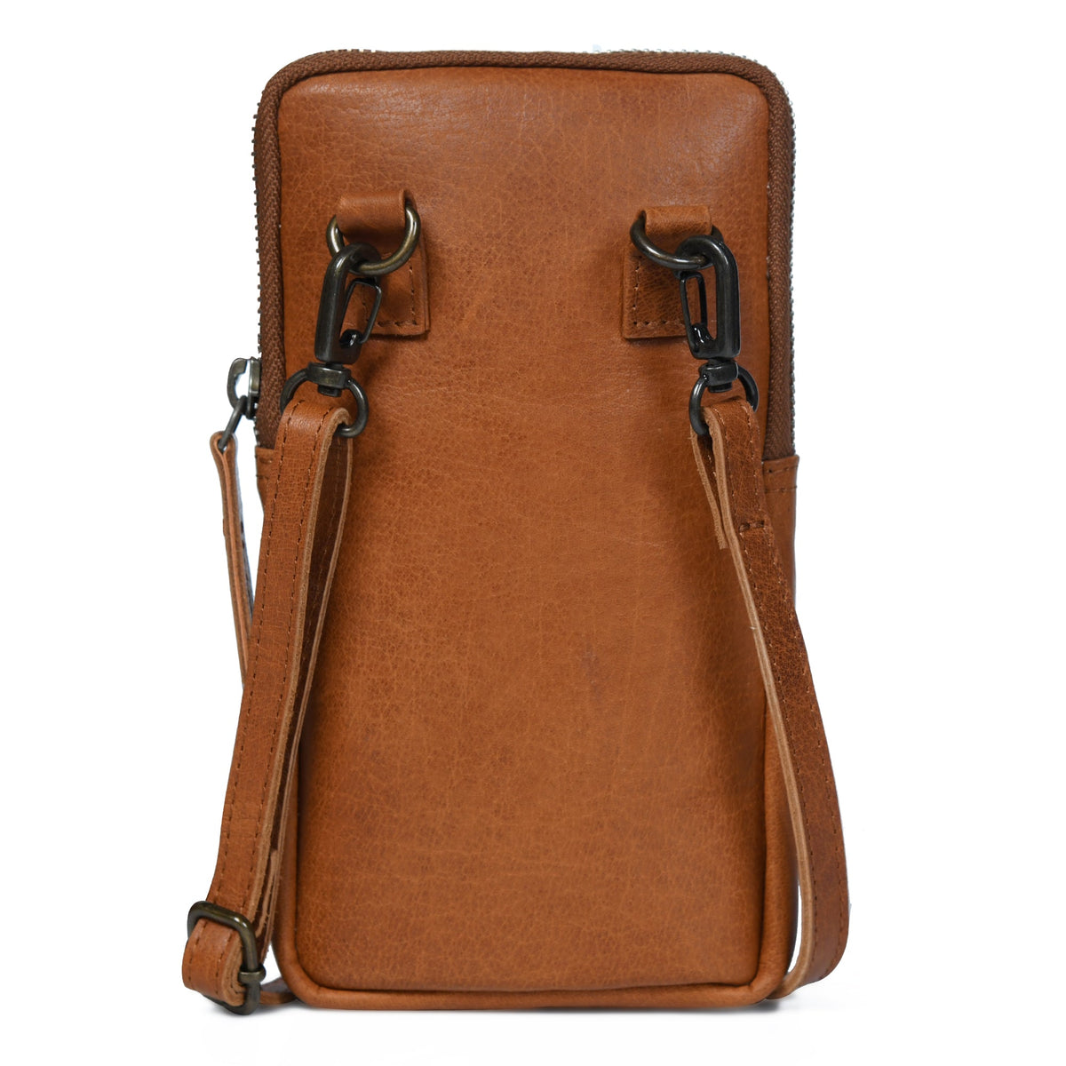 Brown leather crossbody bag with a strap on a white background