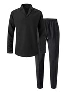 Classic black offered to upgrade your loungewear or day of hiking and adventure. Our Men's Waffle-Knit Long Sleeve Top and Pants Set! Made with a creamy delight fabric, this collared top and pants feature a thin elastic waist for ultimate comfort. Available in a variety of colors and sizes, it's perfect for both casual wear and dressing up. Stay cozy and stylish all year round.