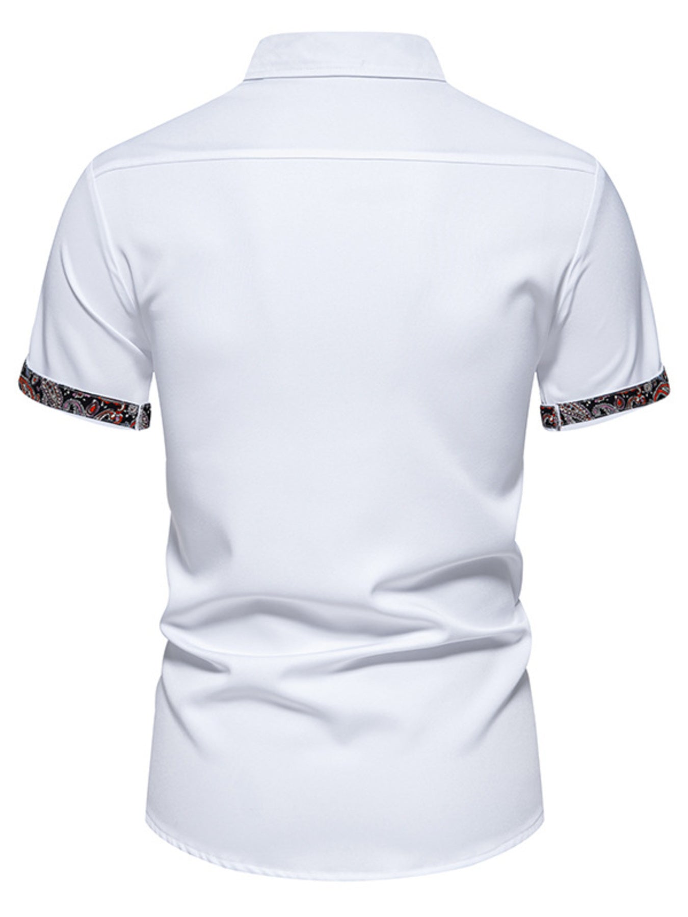 White polo shirt with floral cuffs on a white background