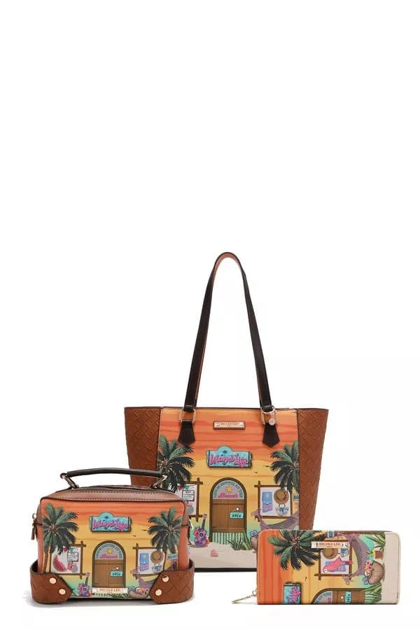 This USA Sun and Sand 3-Piece Bag Set includes a handbag, crossbody, and wallet made from vegan leather with glossy patent accents. It features gold-tone hardware, an engraved logo nameplate, and a tropical print interior lining. Lightweight and stylish, this set is perfect for adding a touch of vacation vibes to your everyday look.