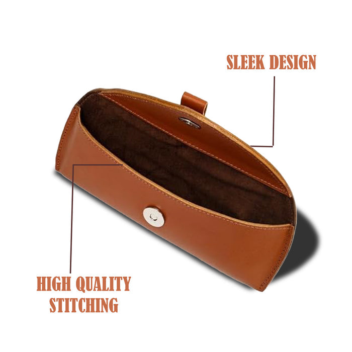 Brown leather pouch with 'Sleek Design' and 'High Quality Stitching' text on a white background
