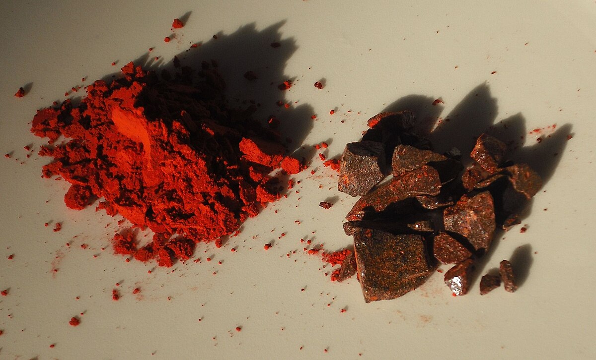 Red powder and chocolate pieces on a light surface