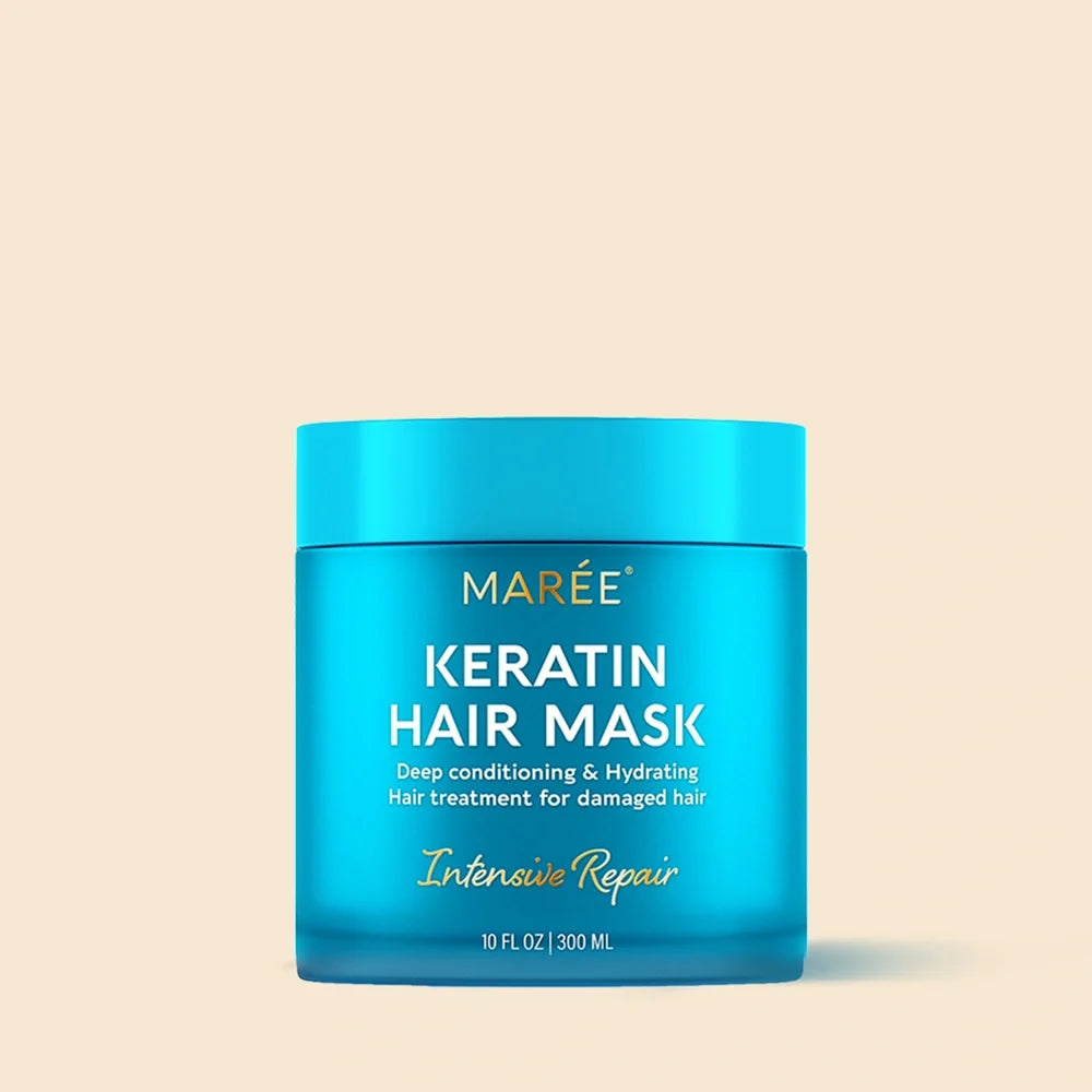 Single turquoise MAREE Keratin Hair Mask jar, 10 fl oz, on a cream background.