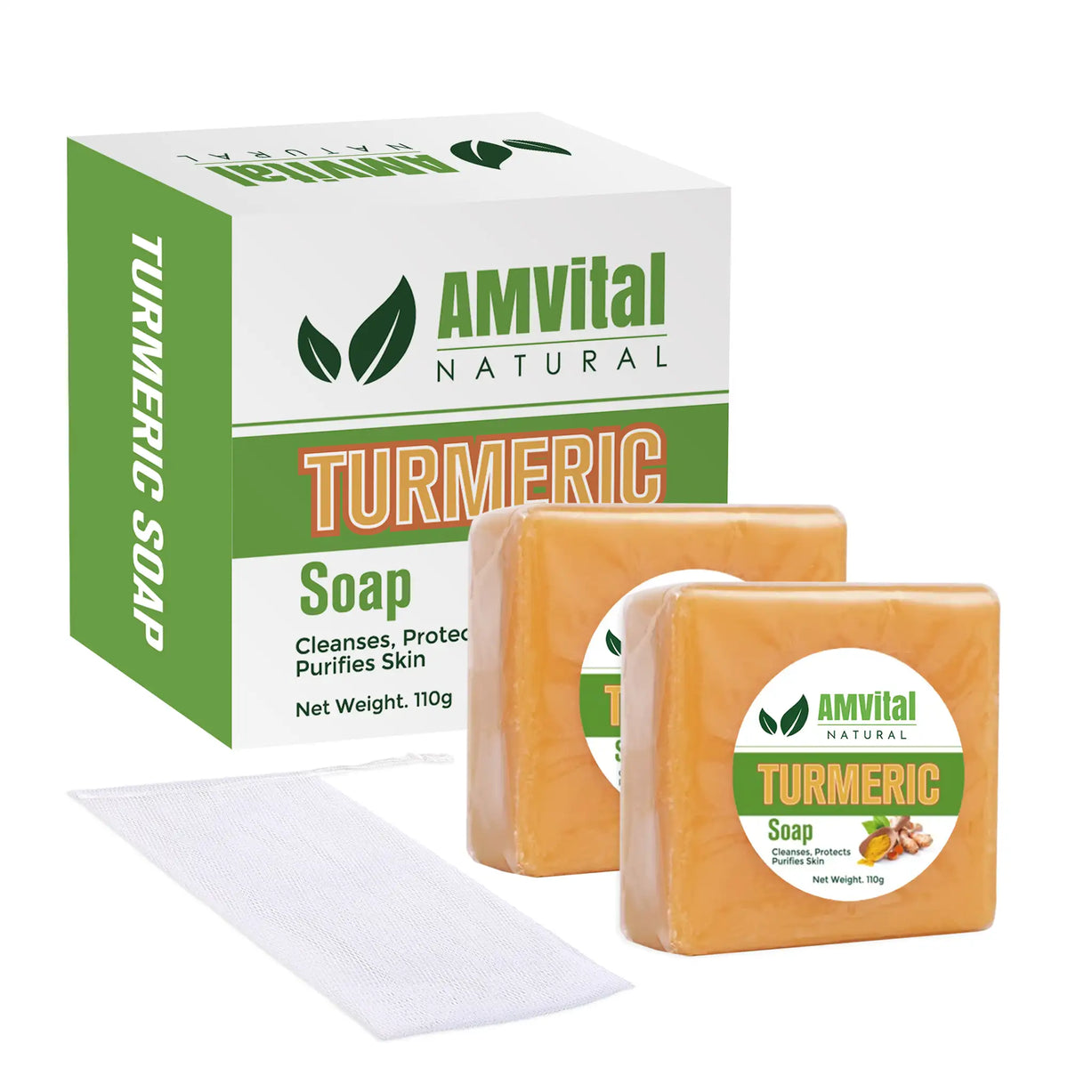AMVital turmeric soap two-pack with green-and-white packaging and a white mesh pouch.