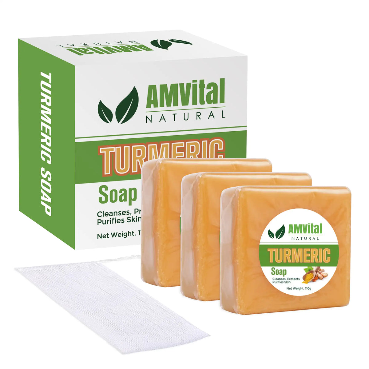 AMVital turmeric soap three-pack with green-and-white packaging and a white mesh pouch