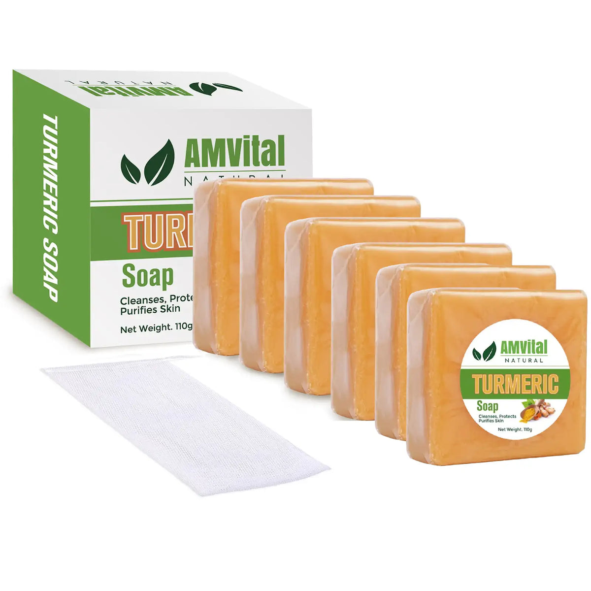 AMVital turmeric soap six-pack with green-and-white packaging and a white mesh pouch.
