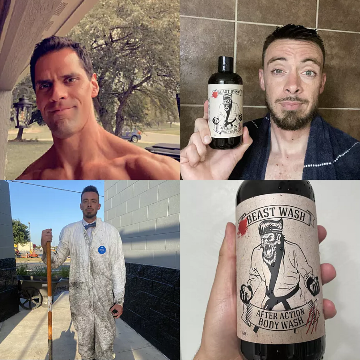 Four-photo collage featuring men, an After Action Body Wash bottle held beside a man’s face, and a close-up of the label.