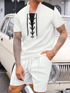 Upgrade your black and white look with our Men's Full Size Lace-Up Waffle Knit Top and Shorts Set, available in sizes up to 3XL. The lace-up design adds a unique touch while the comfortable waffle knit fabric ensures all-day comfort. Perfect for any occasion, this set is a must-have for any fashion-forward gentleman.