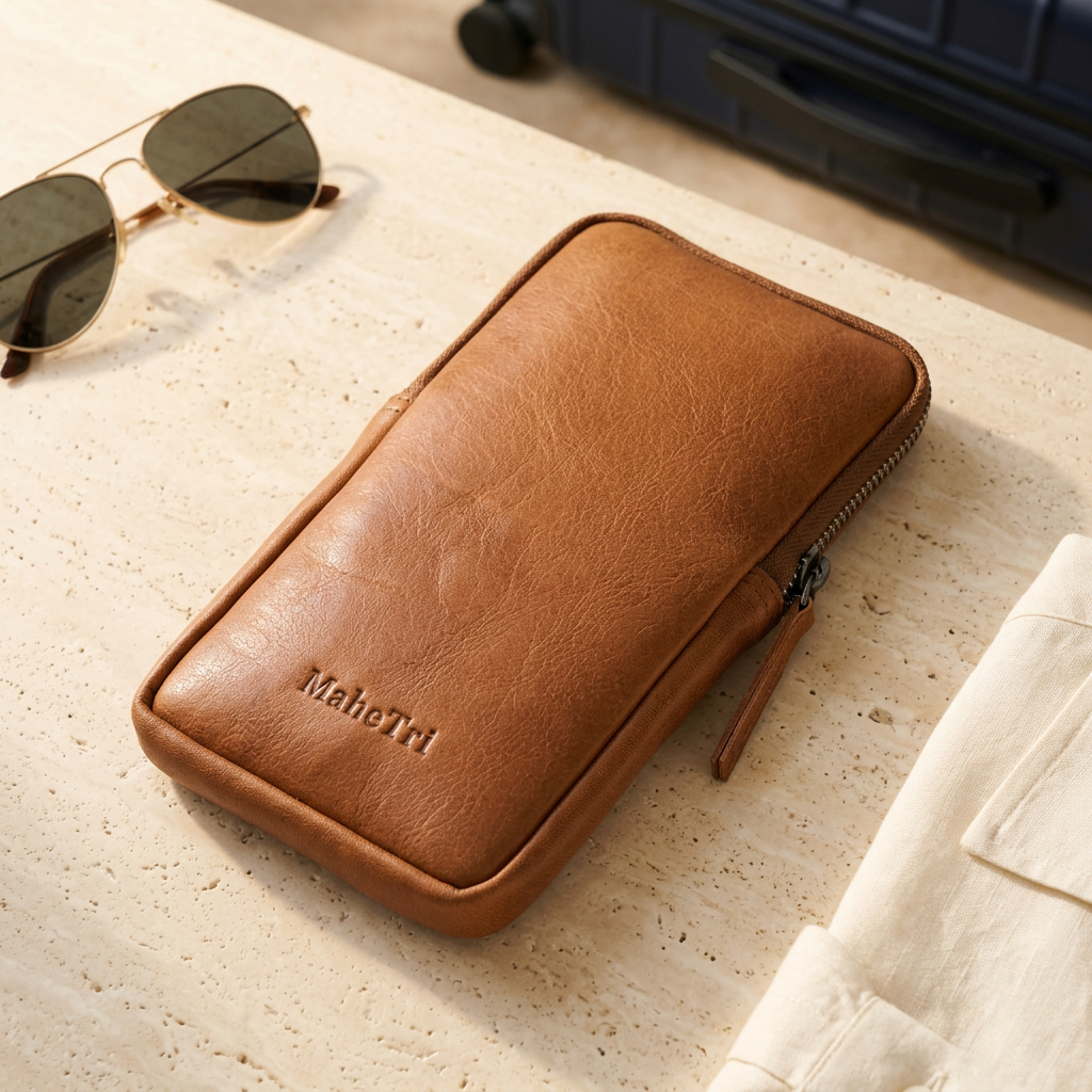 Brown leather phone sling in a travel-packing scene