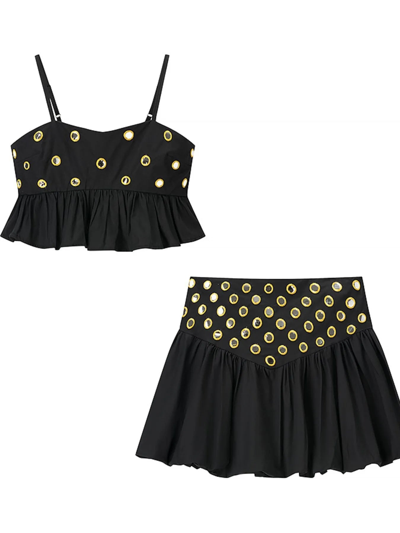 Unleash your bold side with the Eyelet Cami and Bubble Skirt Set. This striking combination pairs a subtly sheer eyelet cami with a dramatic bubble skirt, creating a fearless look that captivates at every turn. Designed for those who embrace daring fashion, this set delivers both attitude and allure in one unforgettable package.