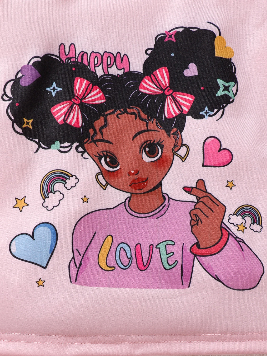 Give your child the gift of style and comfort with our Children's Cartoon Happy Love Two-Piece Pant's Set! Featuring a stylish black girl design with cute curls and bows, paired with destressed pink fringed jeans, this set is perfect for playdates and everyday wear. Your little one will love the unique look and you'll love the convenience of having both fashion and comfort in one set. Order now and watch your child stand out in this adorable outfit!
