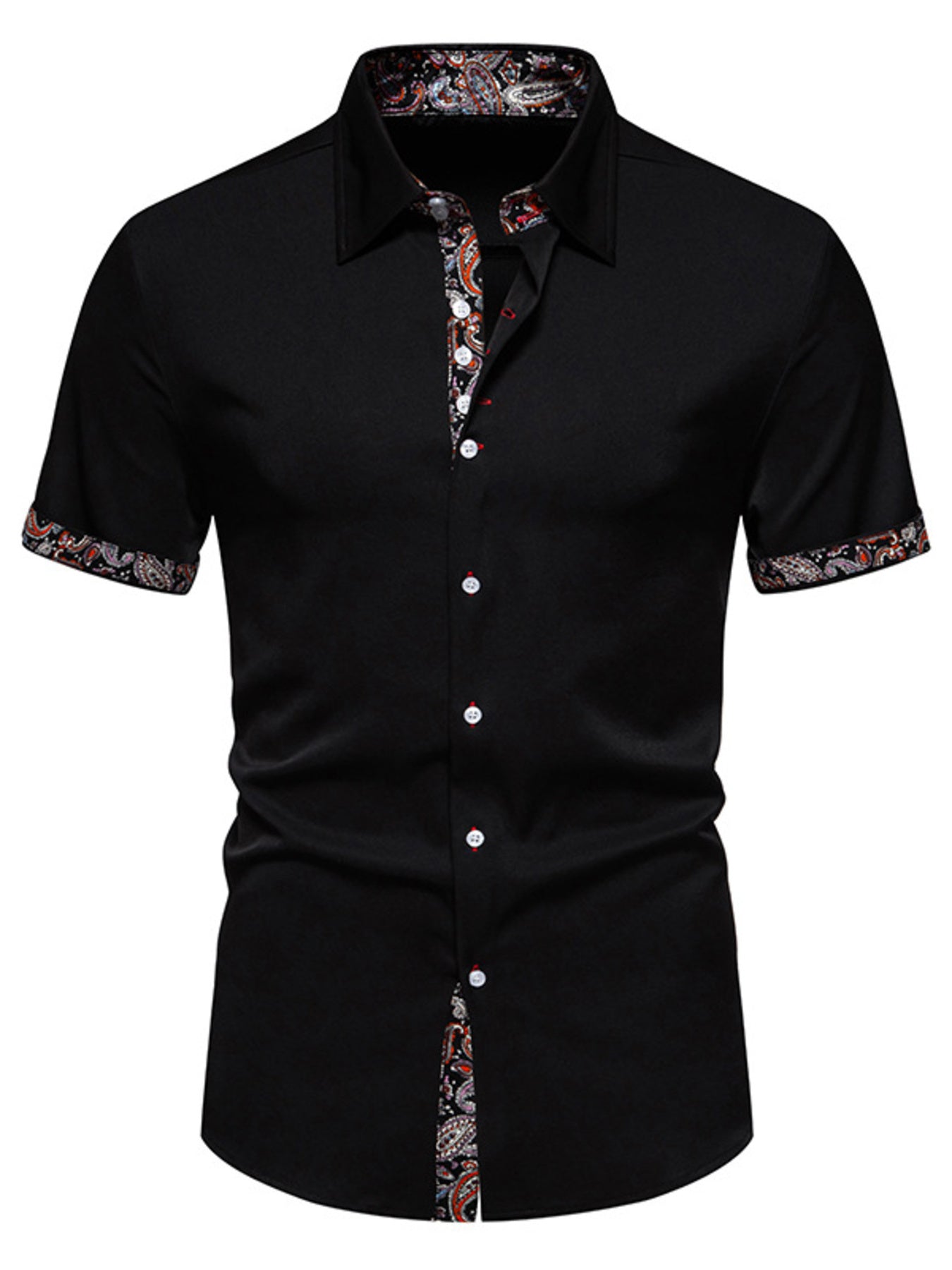 Black short-sleeve shirt with floral patterns on collar and cuffs against a white background
