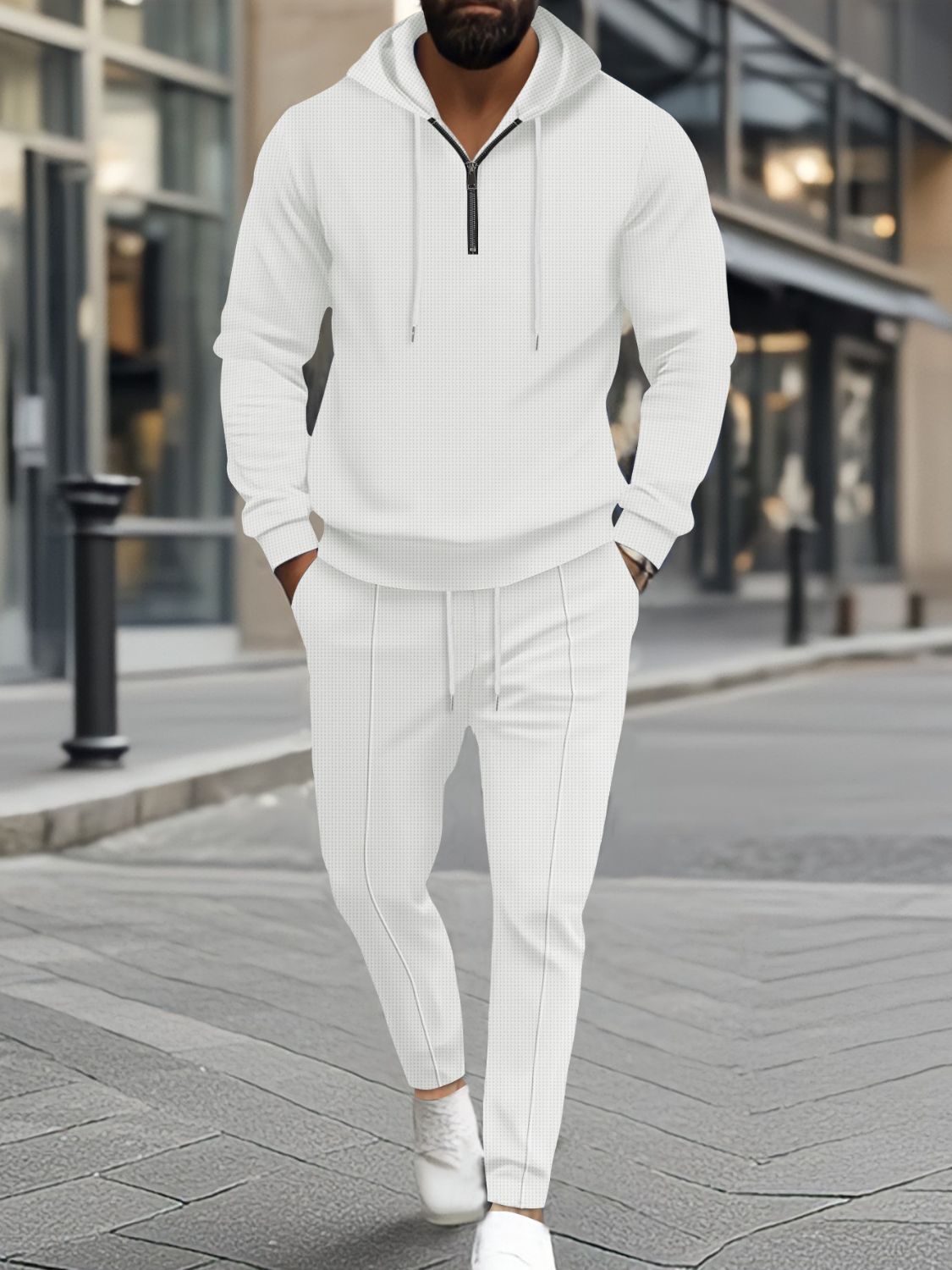 Experience ultimate comfort and style with our Men's Full Size Waffle-Knit Half Zipper Hoodie and Pants Set! Perfect for any occasion, this set is available in a range of sizes and colors. Whether you're jogging, working out, or cheering on your favorite team, you'll love the soft, cozy feel and sleek design. Elevate your wardrobe today!