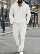 Experience ultimate comfort and style with our Men's Full Size Waffle-Knit Half Zipper Hoodie and Pants Set! Perfect for any occasion, this set is available in a range of sizes and colors. Whether you're jogging, working out, or cheering on your favorite team, you'll love the soft, cozy feel and sleek design. Elevate your wardrobe today!