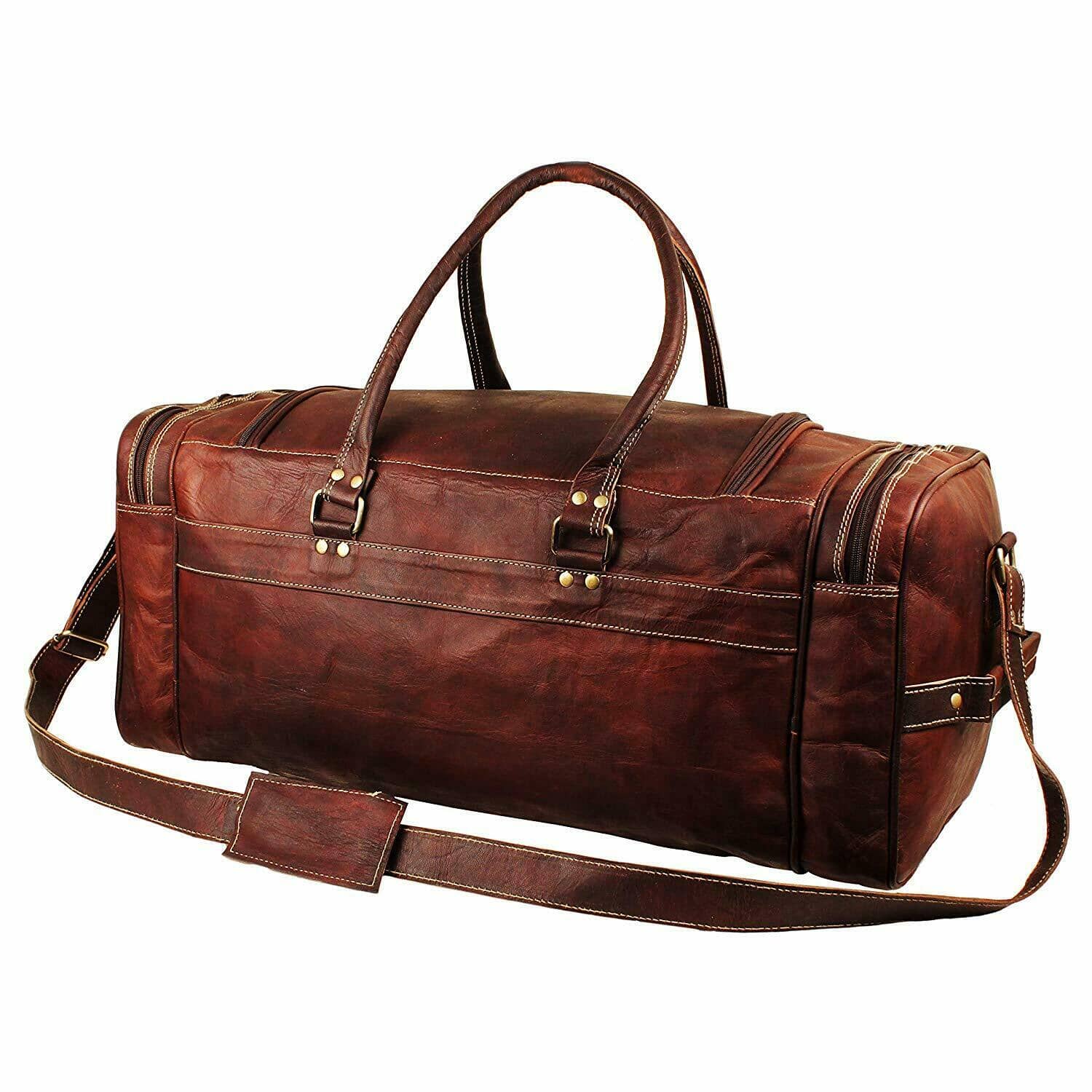 Brown leather duffel bag with gold hardware on a white background