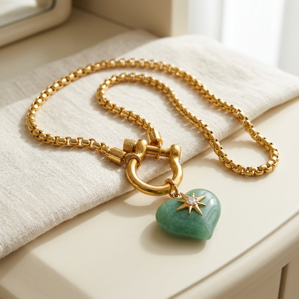 Green aventurine heart pendant with gold-tone starburst detail and chunky chain arranged on cream linen.