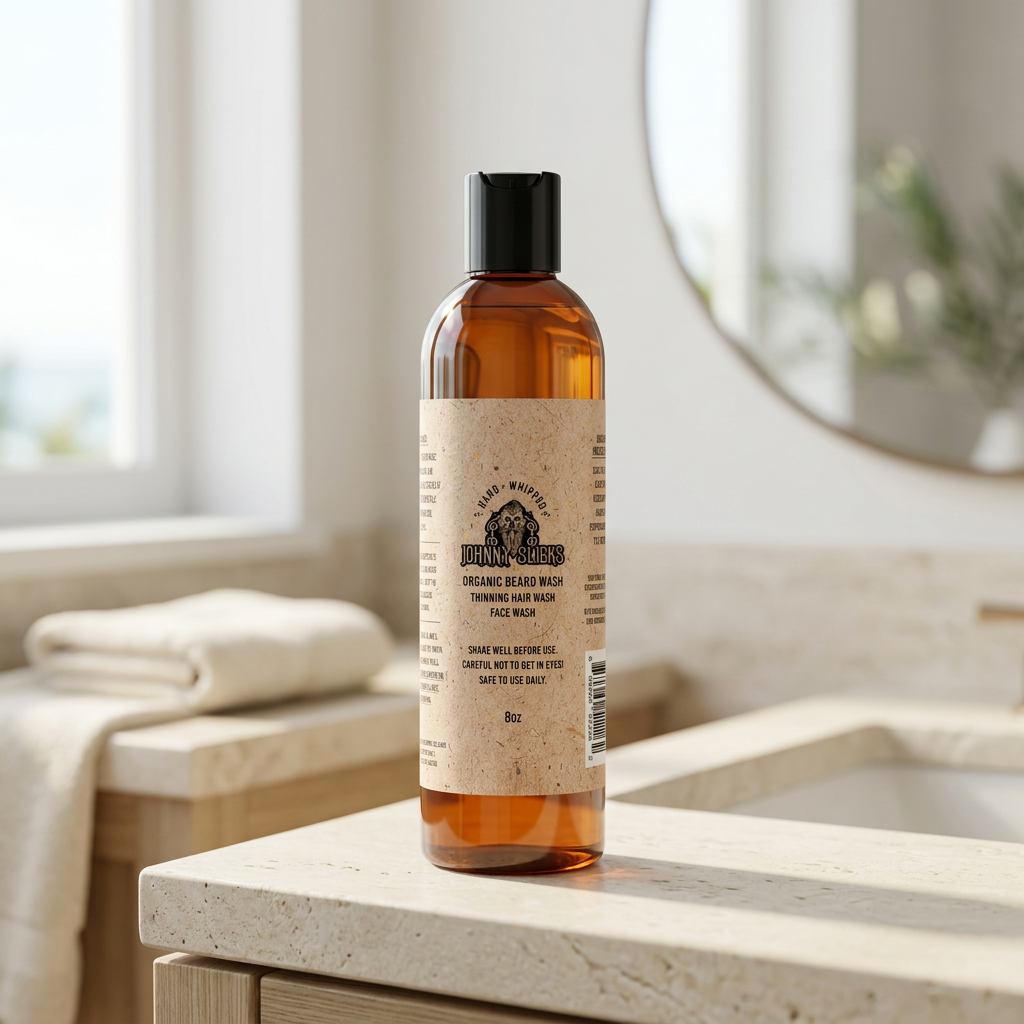 Johnny Slicks beard wash on a bright resort bathroom vanity