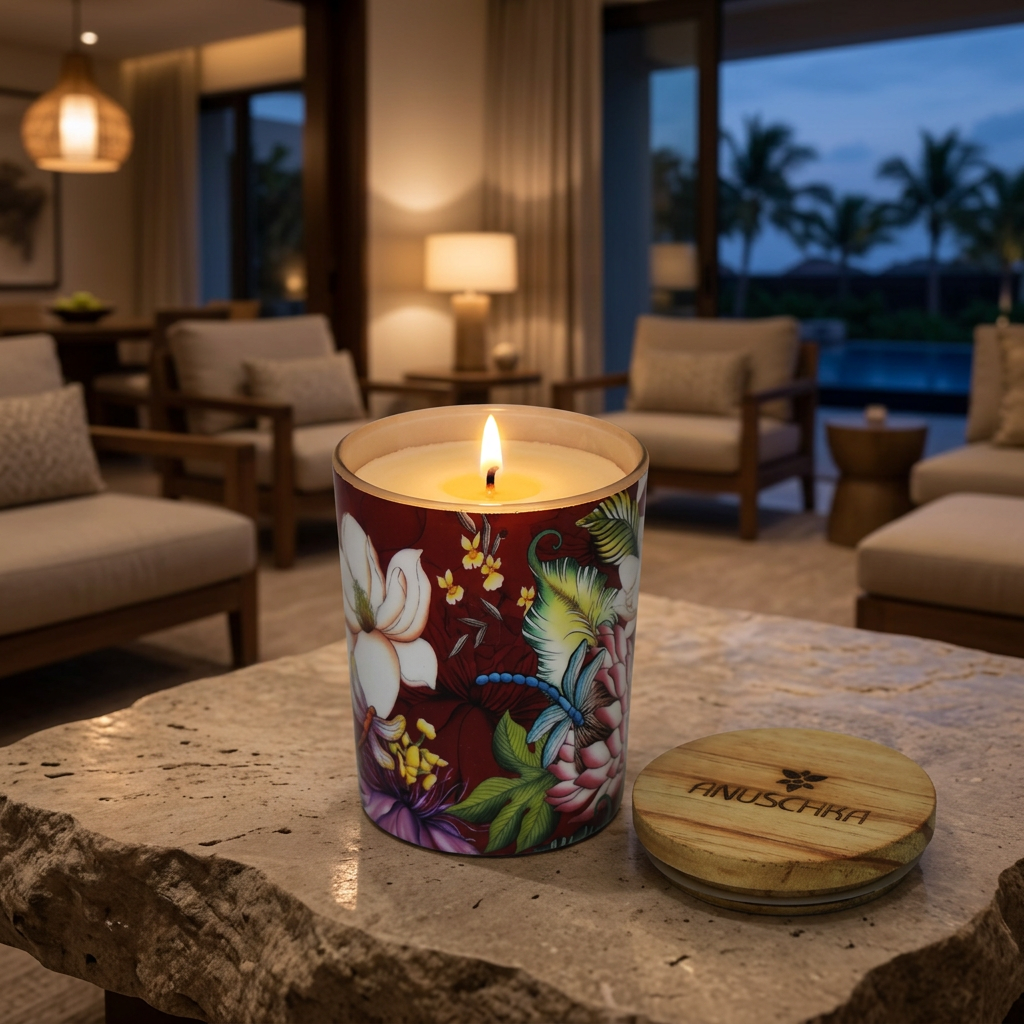 Lit Cedar Rose candle in an evening resort setting
