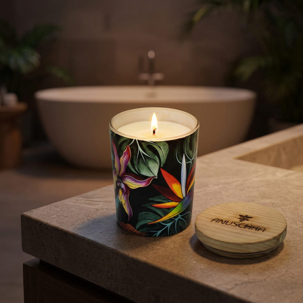 Lit lemongrass candle in a spa setting