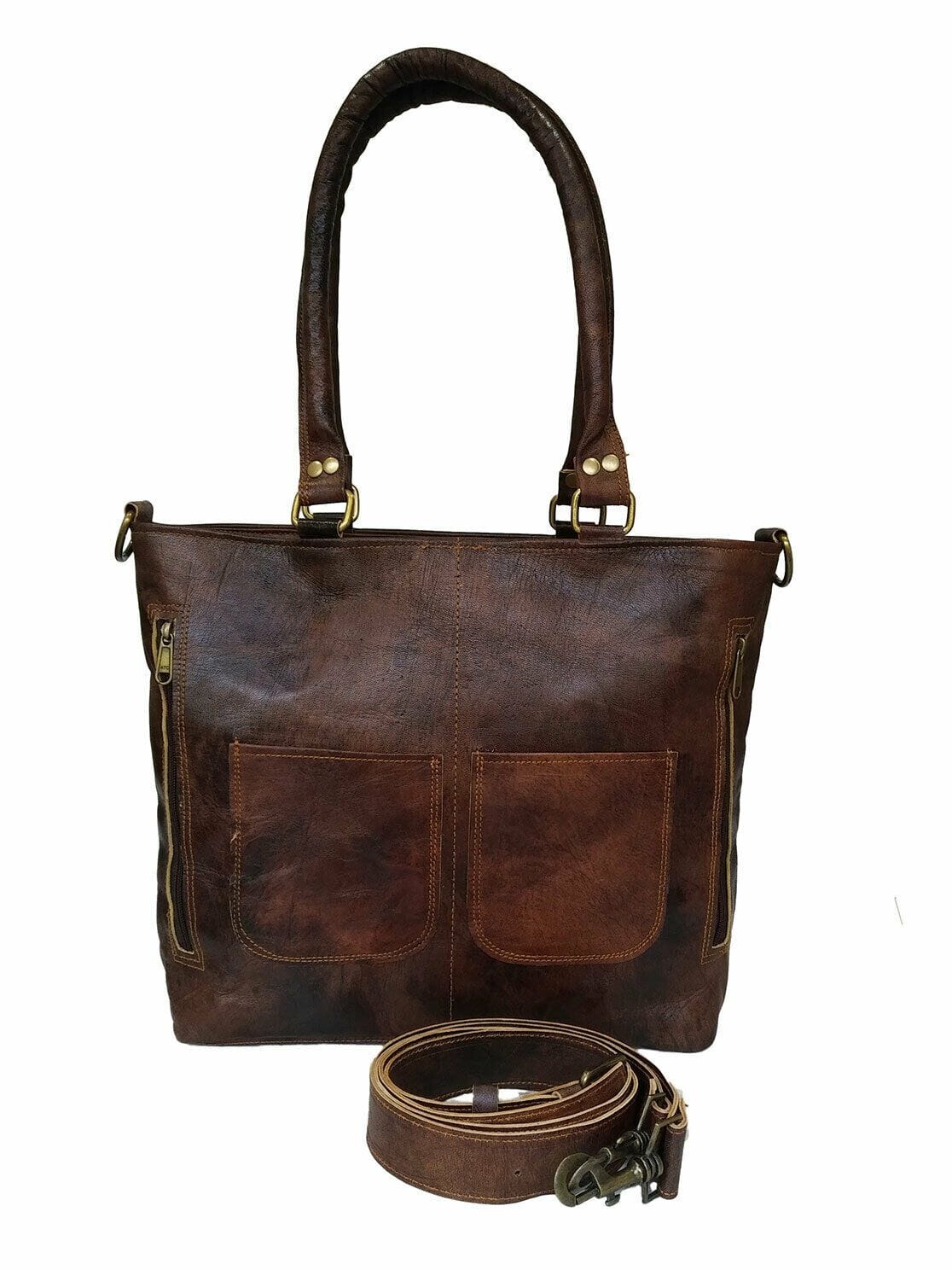 Brown leather handbag with matching belt on a white background