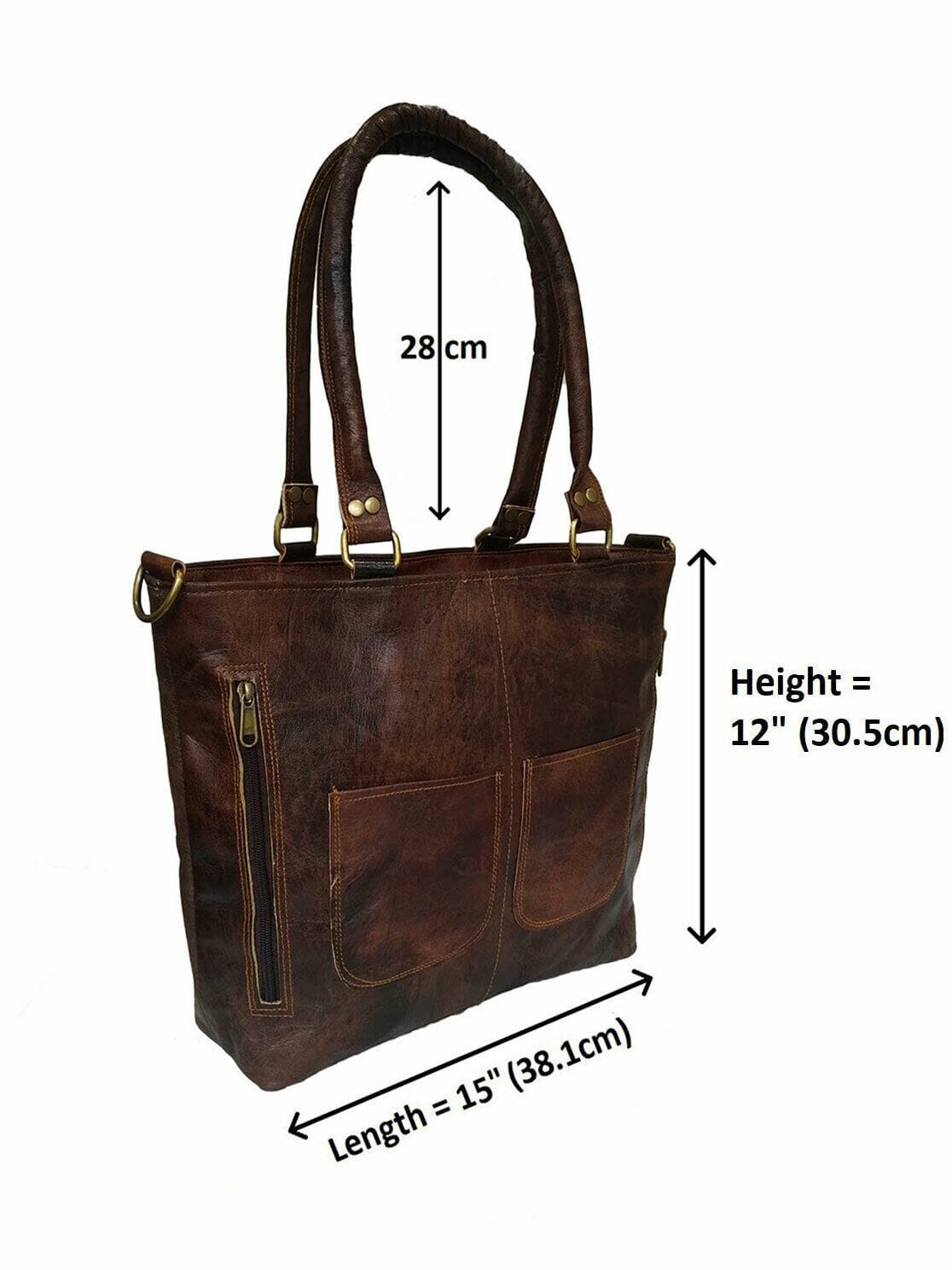 Brown leather tote bag with measurements on a white background