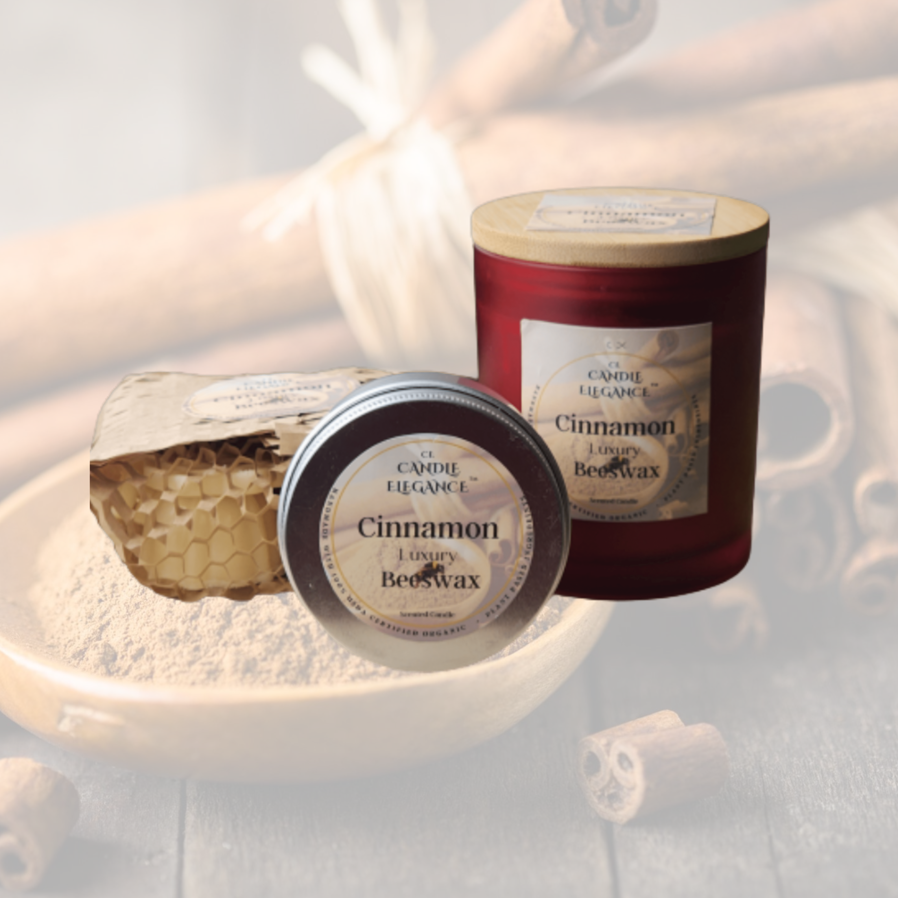 Organic Cinnamon Candle Trio warmth and earthiness of cinnamon infused with clove, and a touch of honey. Created and hand poured with the Candle Elegance proprietary wax blend of 100% USDA Certified Organic Beeswax ingredients.