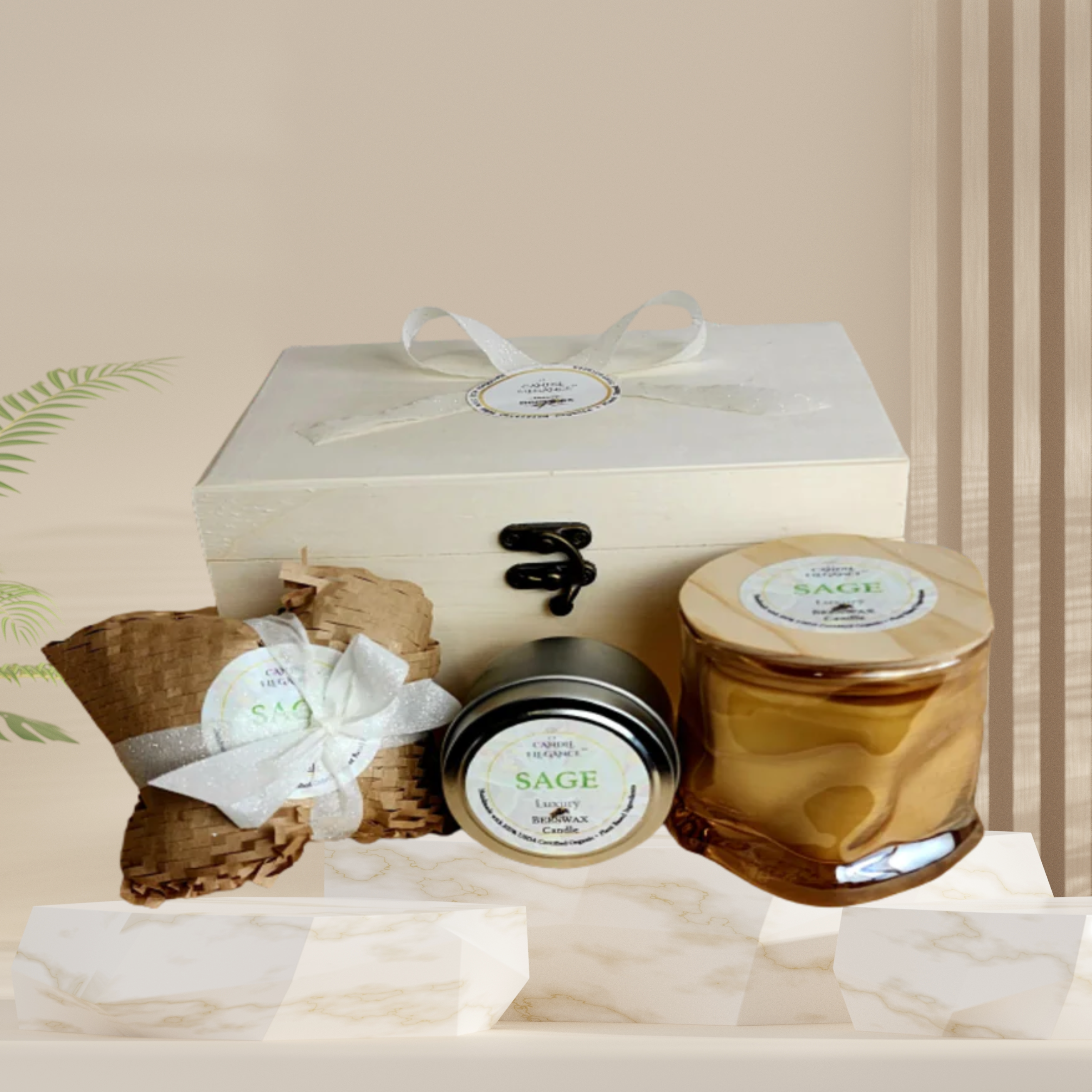 Candle Elegance Sage Trio Gift Box includes 4 ox metal tin, with lid 4 oz melts and an 8 oz orb vessel with ornate bamboo lid. Made with 100% USDA Certified Organic Beeswax. This candle combines the calming style and scent of sage in an orb jar topped with an ornate and sustainable bamboo lid. Sage is believed to have numerous benefits for physical, emotional, spiritual, and mental imbalances, including clearing negative energy and promoting healing.