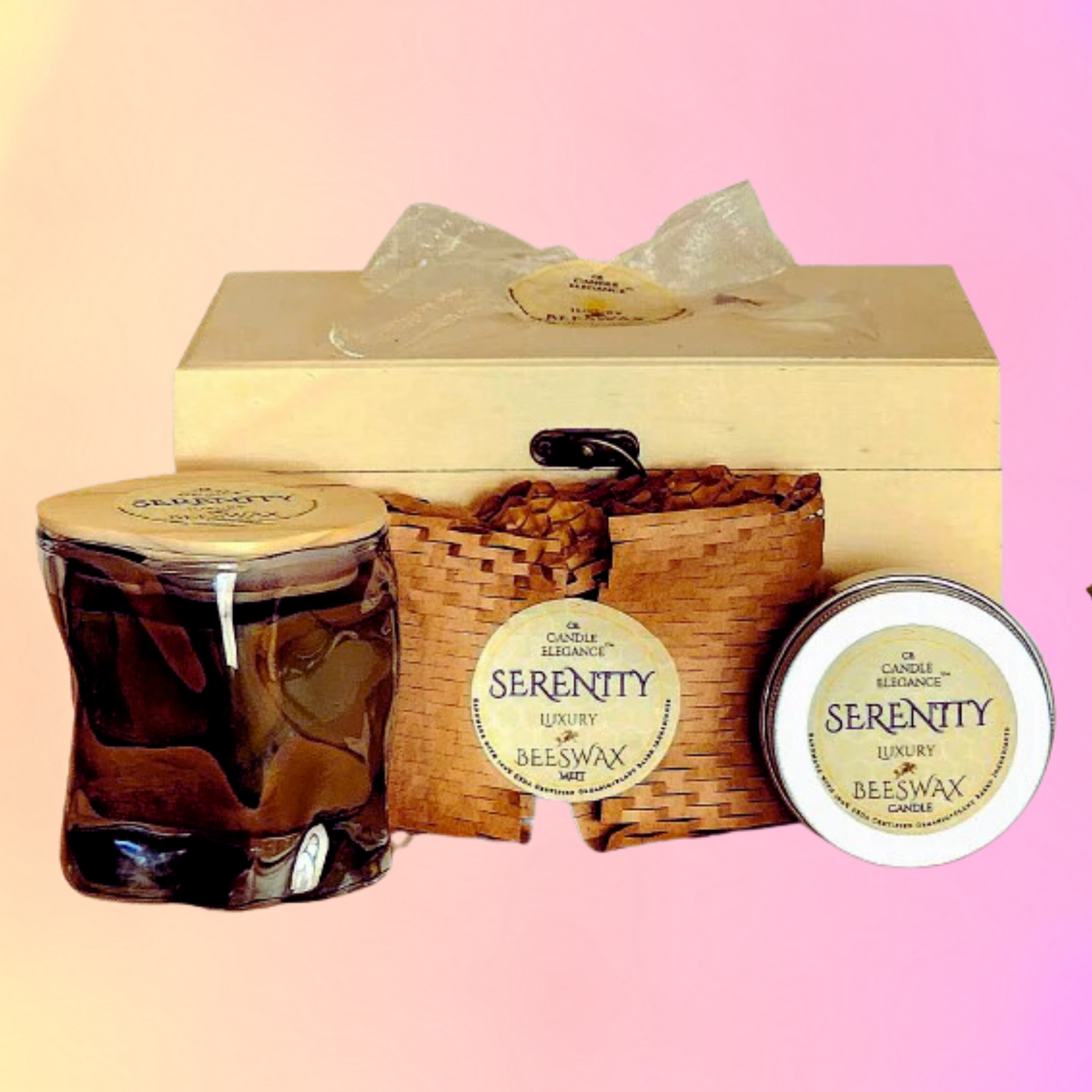 4 oz Candle 4 oz Travel Candle 4 oz Melts The Serenity Trio Gift Box Set is a carefully crafted scent experience that features eucalyptus, niaouli, and lavender. The top note of eucalyptus provides a lemony refreshment from Brazil, while the middle note of niaouli has a sweet and fresh camphoraceious smell. The bottom note of lavender, used since ancient times, provides a rich floral scent. Enjoy the captivating aroma and let the creative formulation transport you to a world of serenity and tranquility.