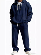 Navy blue men's full size casual waffle knit co-ord set with drawstring hood and convenient pockets.