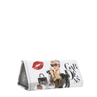 Triangular clutch bag with a graphic design of a woman and red lips on a white background