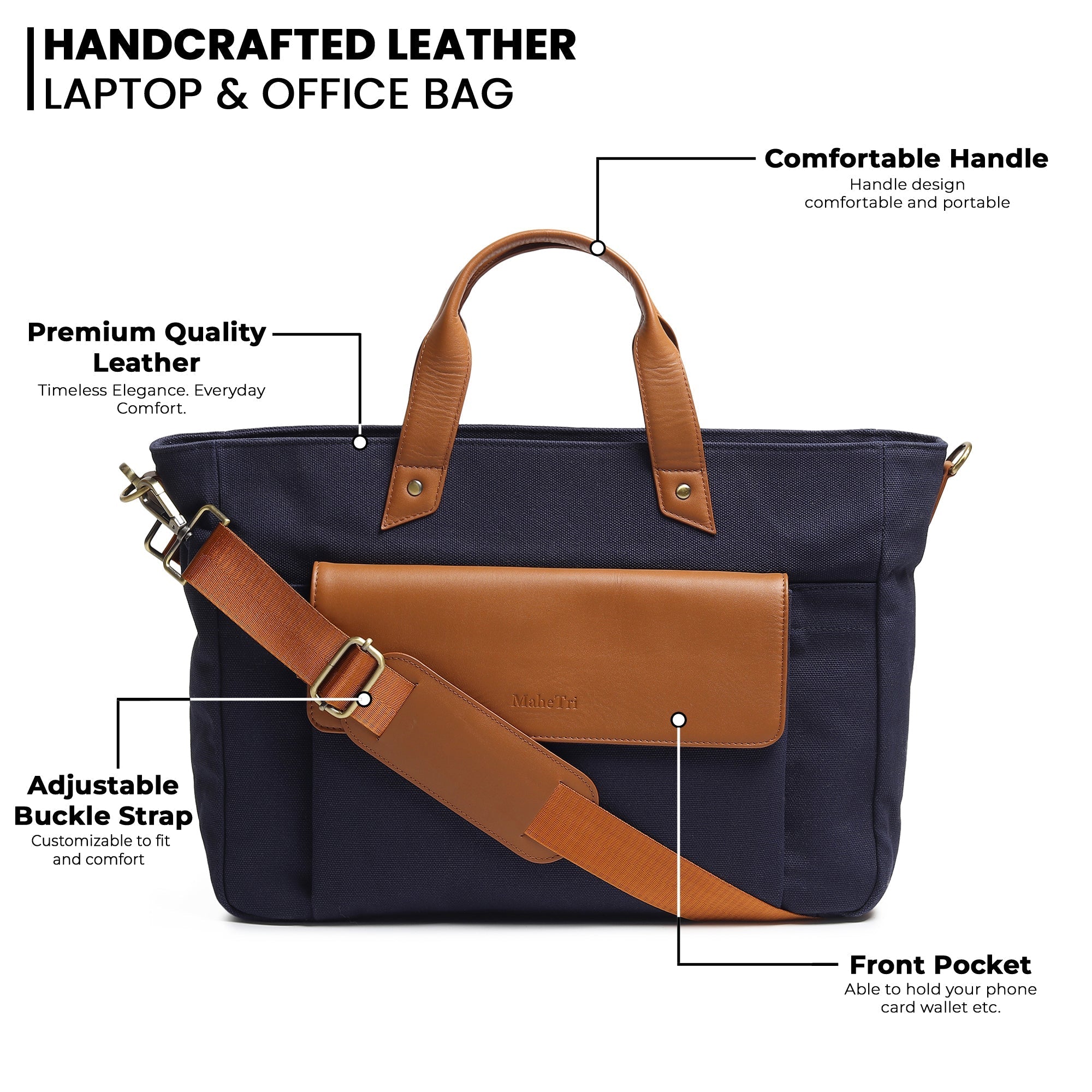 Handcrafted leather laptop & office bag with features highlighted
