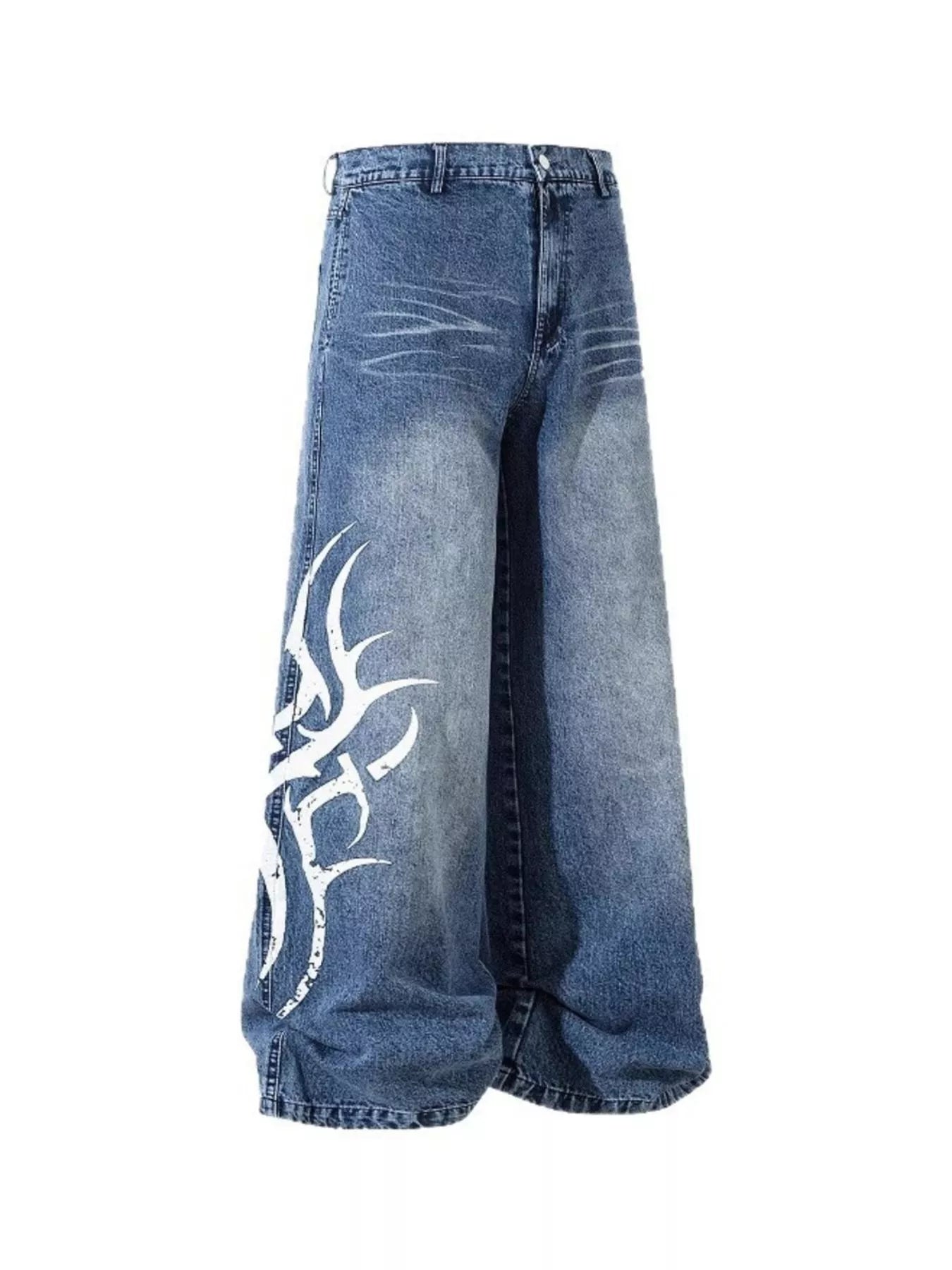 Blue jeans with a white tribal design on a white background